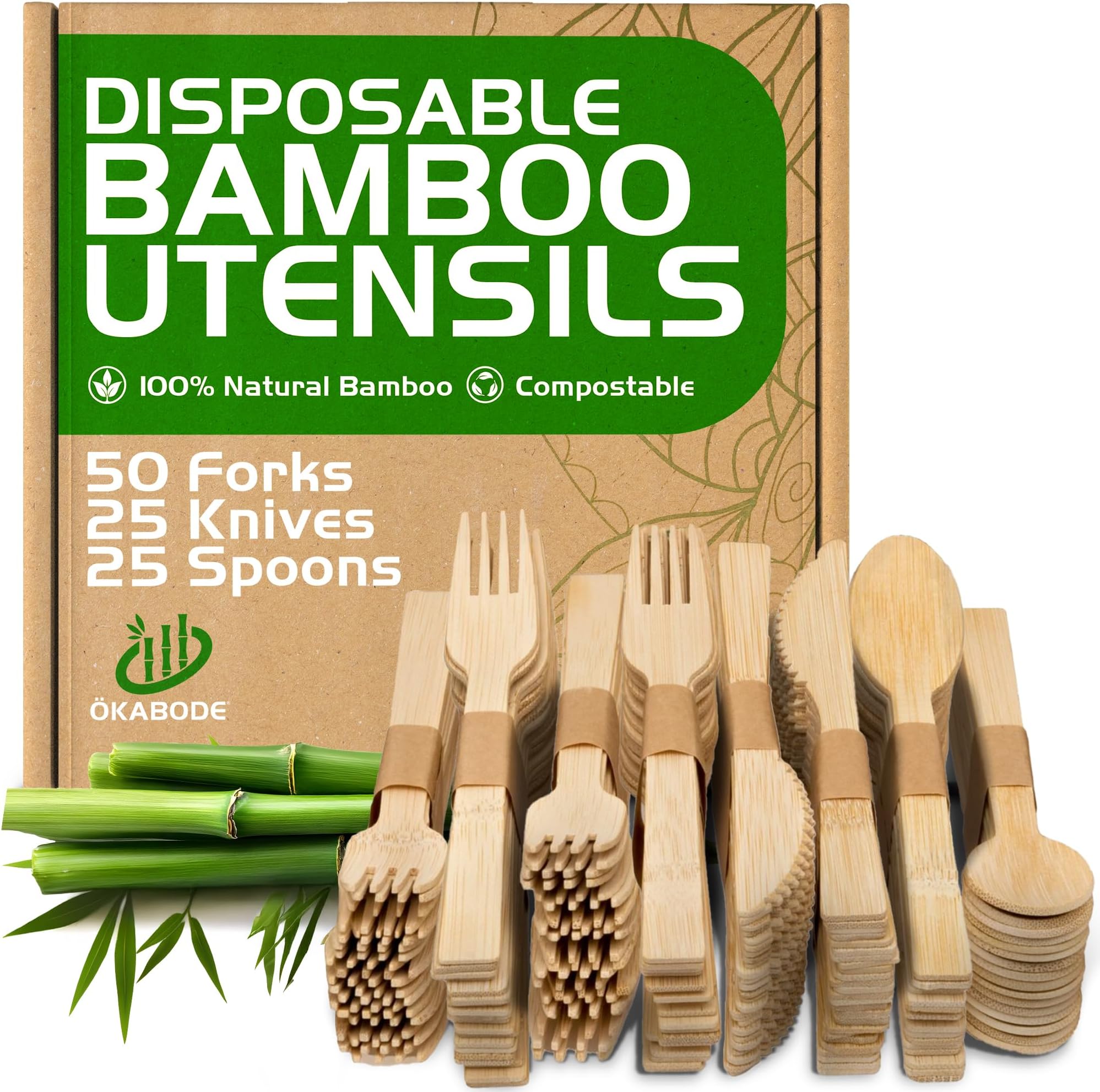 Bamboo Utensils, 100 Pack - 50 Forks, 25 Knives, 25 Spoons 100% Bamboo Silverware Set, Disposable & Compostable Utensils, Eco-Friendly & Biodegradable Cutlery Alternative to Wooden Silverware