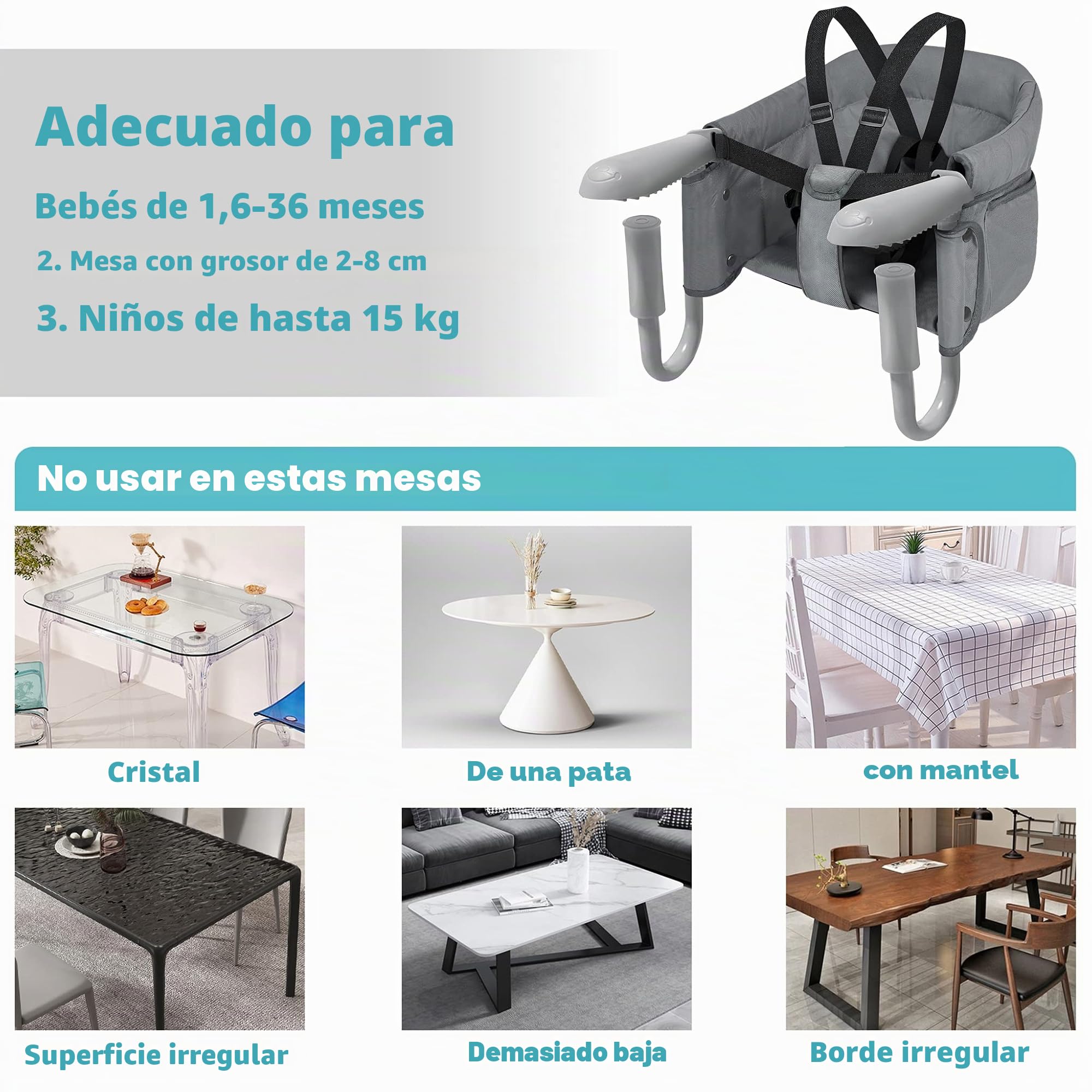 Silla Alta para Bebé, Bebe Asiento de Mesa Portátil con Bolsa de Transporte, Elevador de Silla para Mesa, Seguridad Silla Plegable, Ideal para Hogar y Viajar.