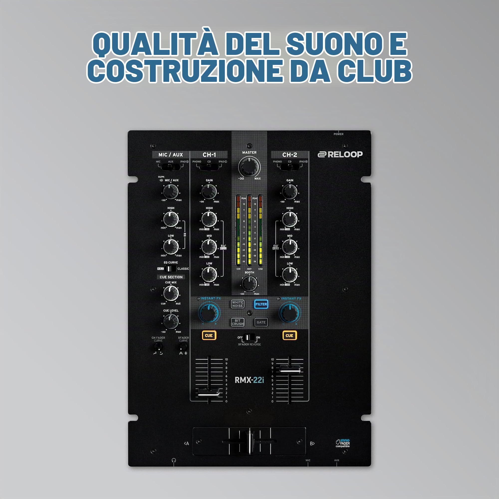 Reloop RMX-22i - Mixer digitale a 2 (+1) canali, 4 effetti sonori istantanei di colore per canale, iPad/tablet/smartphone audio split-input audio, nero