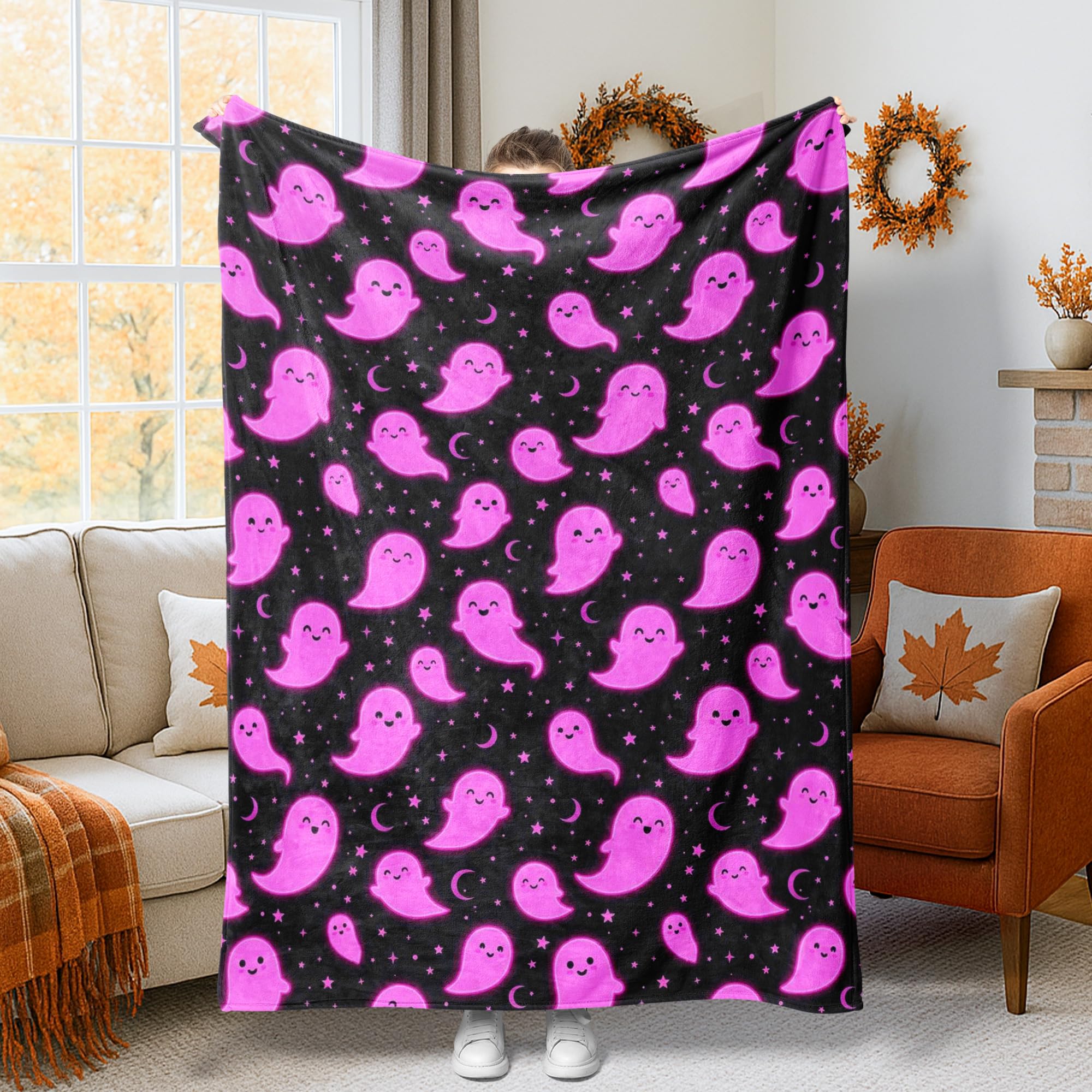 Couverture fantaisie d'Halloween fantôme lune étoiles : plaid léger pour sofa et lit 127x152