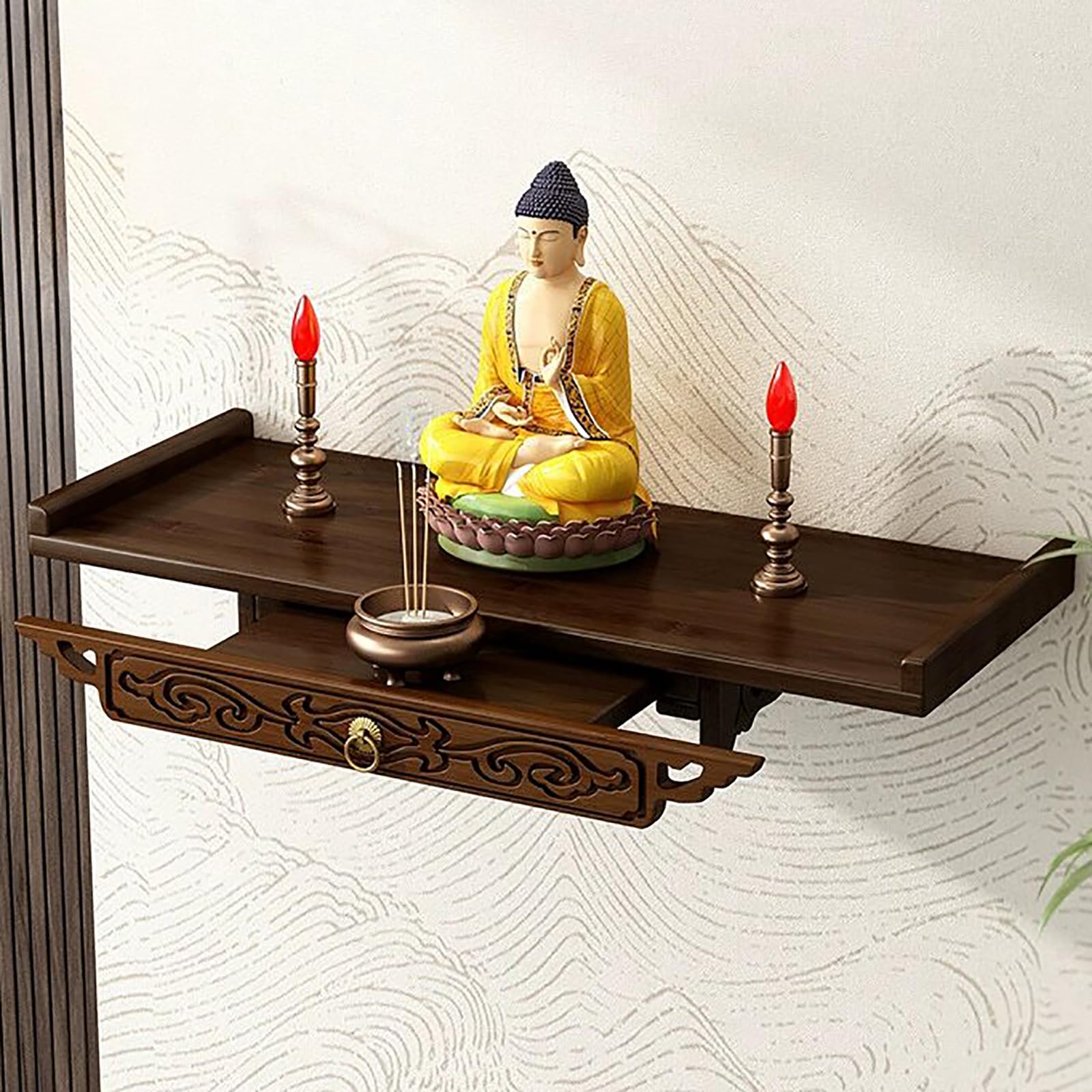 MESCXTY Wall-mounted Buddha Altar Shelf Stand,wooden Shrine Pooja Table With Drawer,antique Carving Offering Household For Prayer Guan Gong Guanyin Statue(66cm/25.9", Walnut)