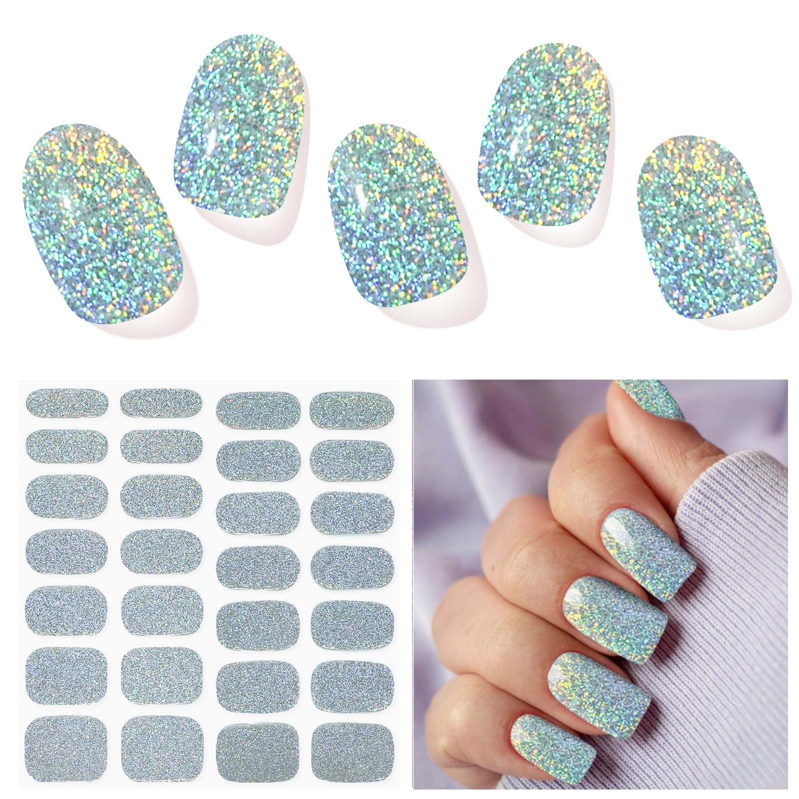 Semi Cured Gel Nail Strips, Silver Glitter | 28pcs Gel Nail Stickers Work with Any uv lamp, Nail Art Wraps for Women Girls, Includes Prep Pads, NailFile & Wood Stick