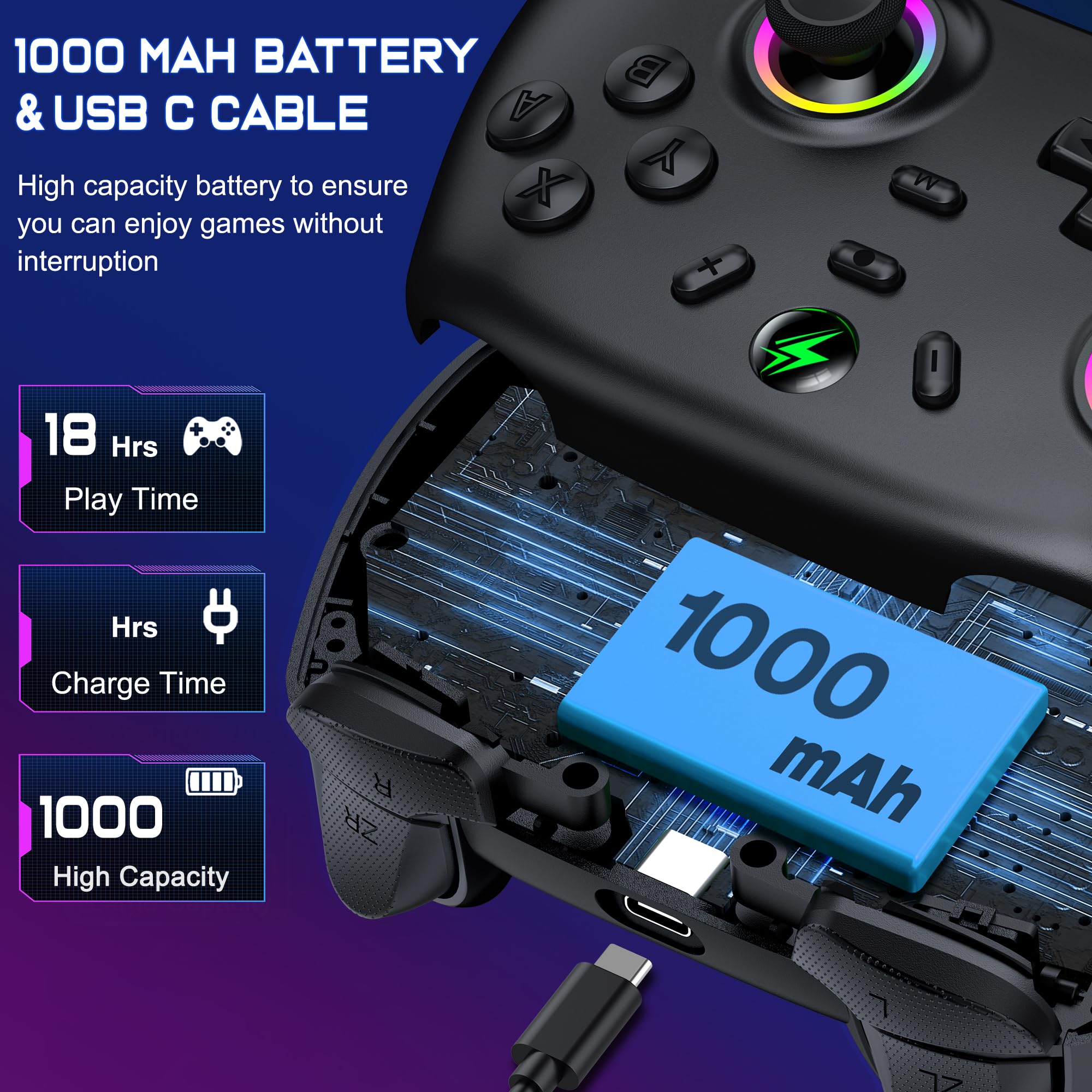 ALEEMTRY Switch Controller Compatible con Switch 2/Switch/Lite/OLED, Wireless Switch Pro Controller con RGB Hall Effect Joysticks/Batería de 1000 mAh/Turbo/Dual Vibration