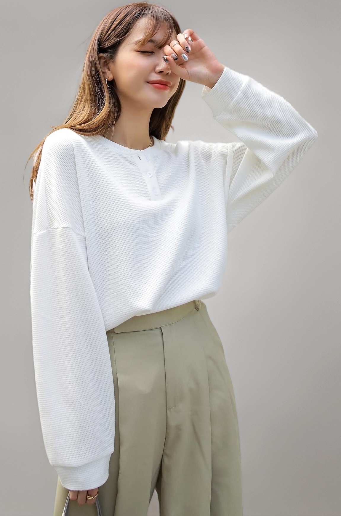Women's Waffle Button Down Neck Korean Tops for Women || Oversized t Shirts for Women || Long Sleeve Tops