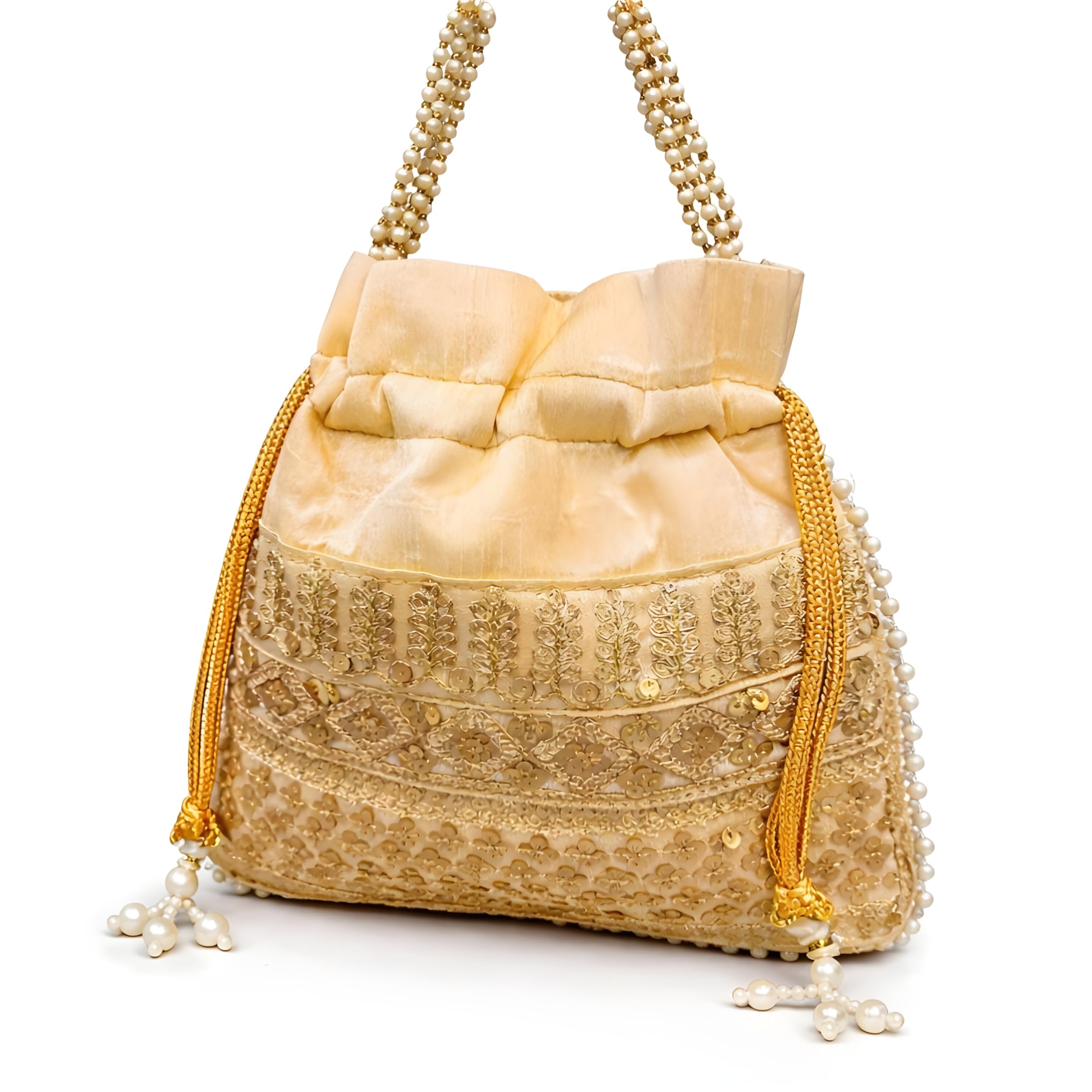 Ethnic Beige Potli Bag for Women with Gota Patti Embroidery, Pearl Tassels & Handle, Traditional Indian Bridal Potli Purse (9x6 Inches)-image-31