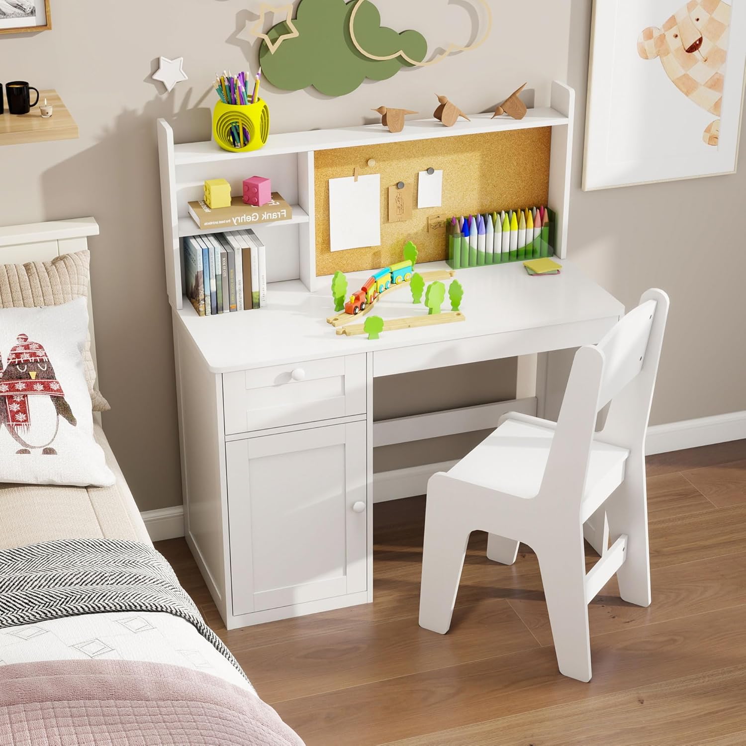 Kids Study Desk with Chair, Kids Desk Chair Set for 5-12 Years Old, Children Wooden Study Table with Hutch & Storage Cabinet, Student Writing Table Computer Workstation for Girls and Boys, White