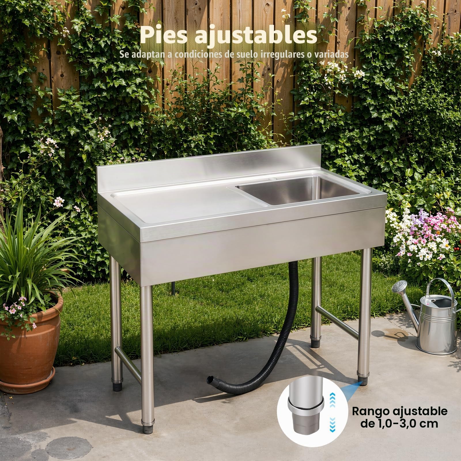 Fregadero Comercial de Acero Inoxidable, 100x50x80cm, Exterior Jardin y Cocina, con Filtro de Tubo de Desagüe
