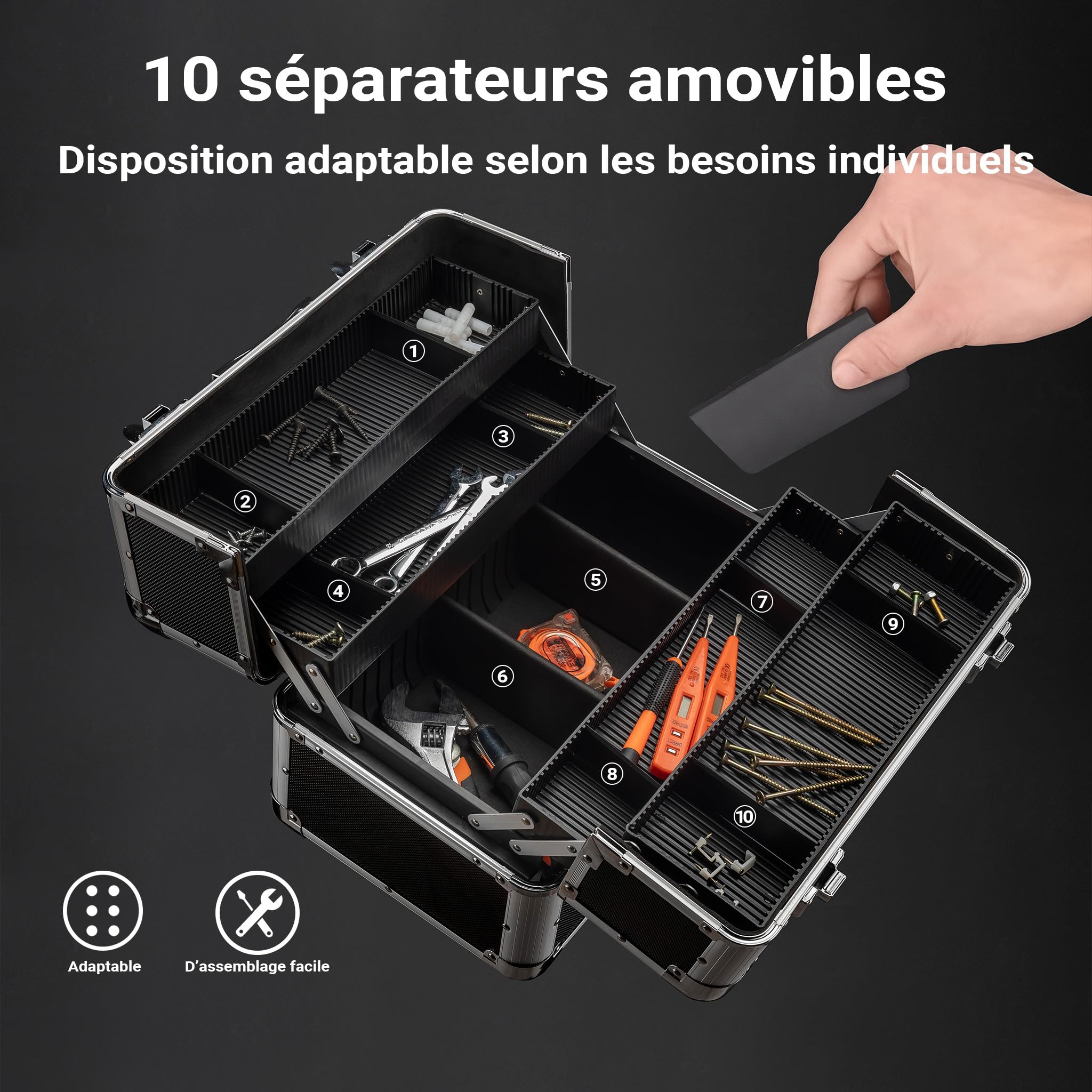 Wiltec Boîte à outils – 35,5 x 24 x 22,5 cm – Mallette universelle polyvalente – en ABS, PP, Acier et Aluminium – Porte-outils avec Poignée de transport – Garage Atelier