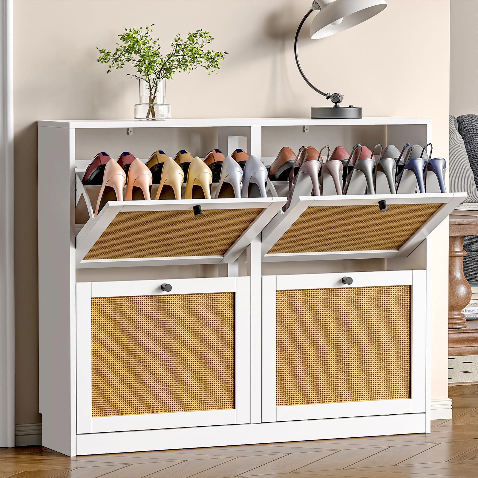 Mueble Zapatero de ratán con 4 Solapas Abatibles y Estantes Ajustables para 16-24 Pares de Zapatos para Pasillo Entrada 120x24x81 cm, Blanco