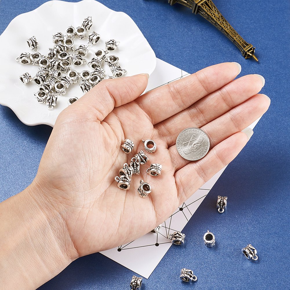 PandaHall - 100 pezzi in lega per gancio a colonna, 11,5 x 6 x 8 mm, stile tibetano antico in argento per braccialetti collane fai da te