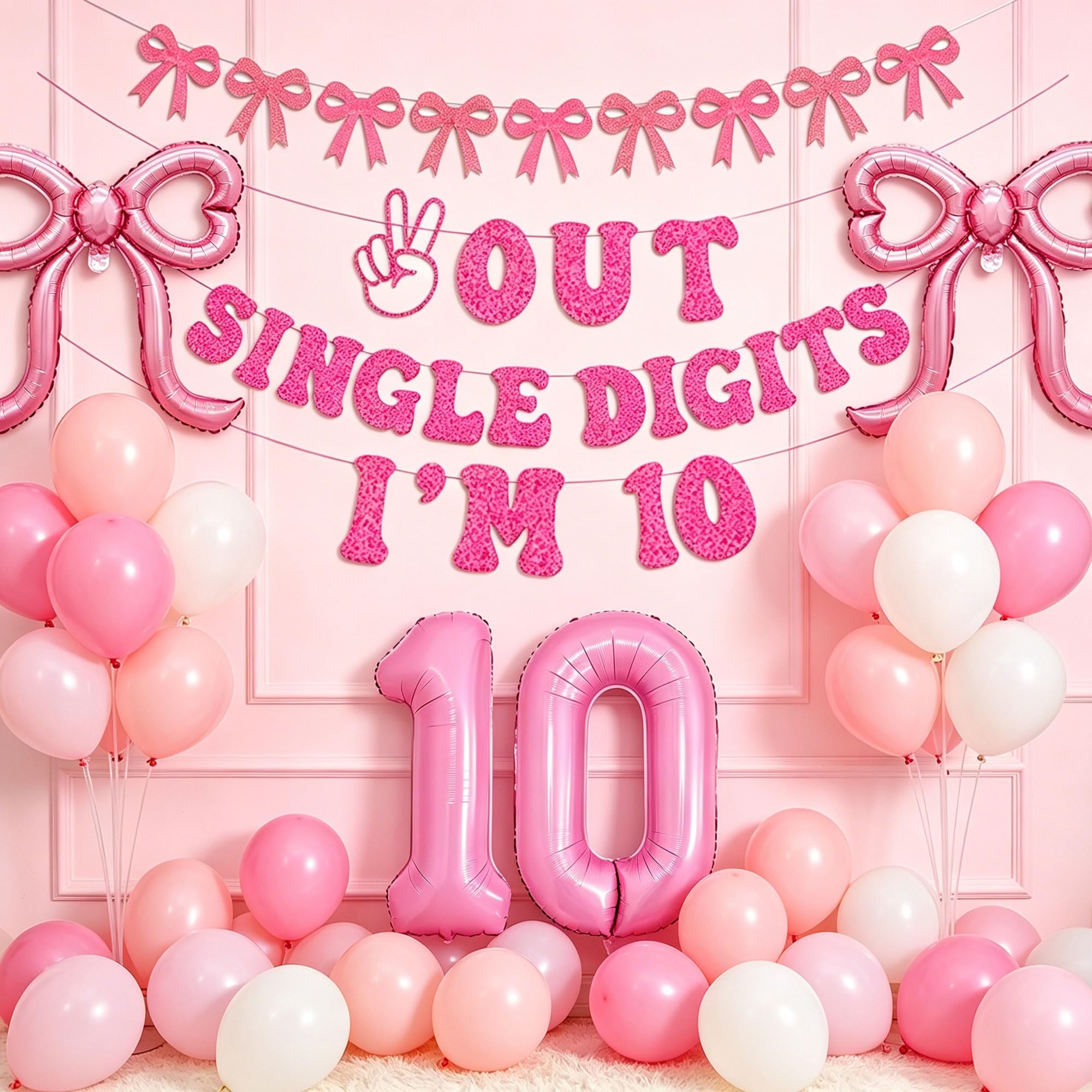 Pink Bow 10th Birthday Decorations Girl Out Single Digits I'm 10 Banner Happy 10th Birthday Decorations Double Digits Party Supplies Number 10 Balloon