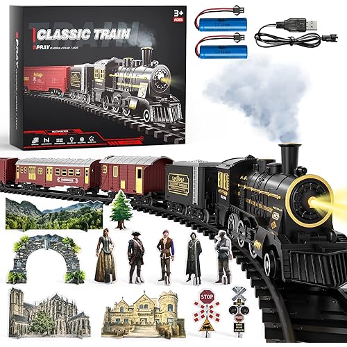 TEMI Train Set for Kids 3-12 Years, Electric Classical Steam Engine Locomotive with Steam, Light and Sounds, Rechargeable Model Trains Kit Toys w/Passenger Carriage for Boys and Girls