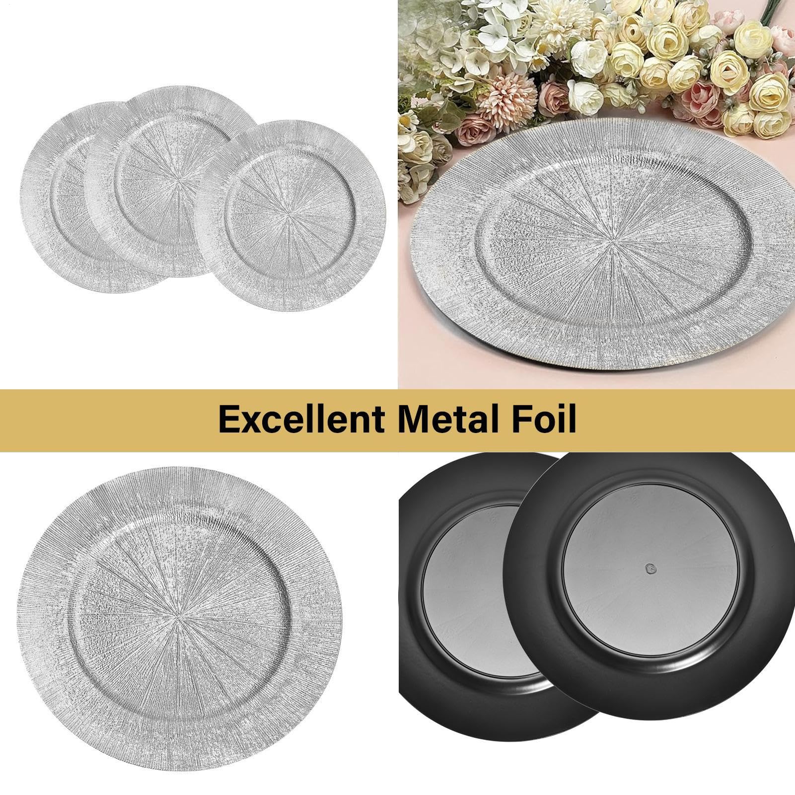 100Pcs Charger Plates Bulk, 13 Inch Silver Charger Plate Pc Wedding Dinner Elegant Reusable for Table Setting Wedding Partys Event Tabletop Setting Decor (Silver)