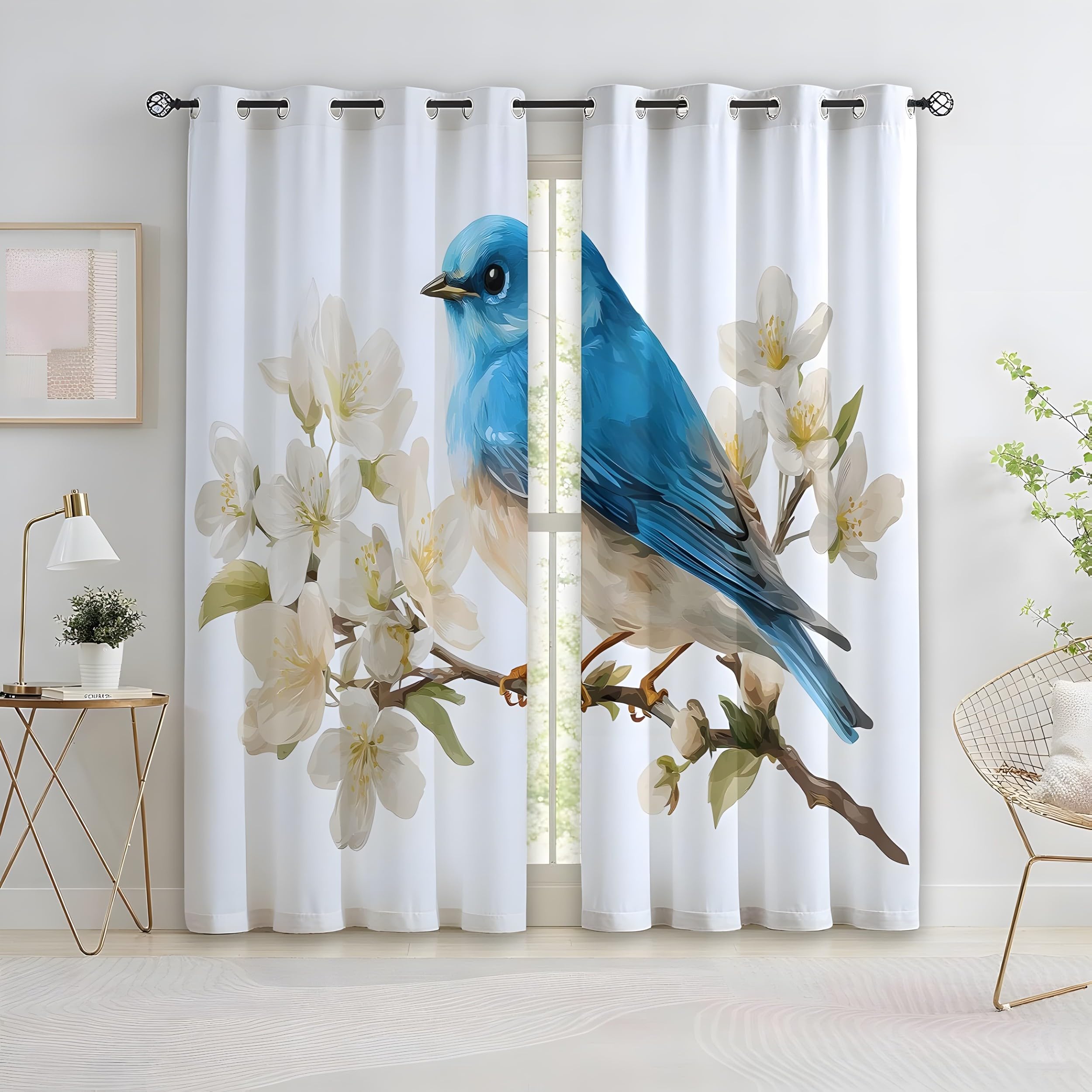 YZQGLHP Blue Sparrows Curtains, W 66" x L 90" (168 x 228 cm), White Cherry Blossoms Blackout and Heat-Insulating Curtains, Curtain 2 Pieces in a Pack, Suitable for Bedrooms and Living Rooms