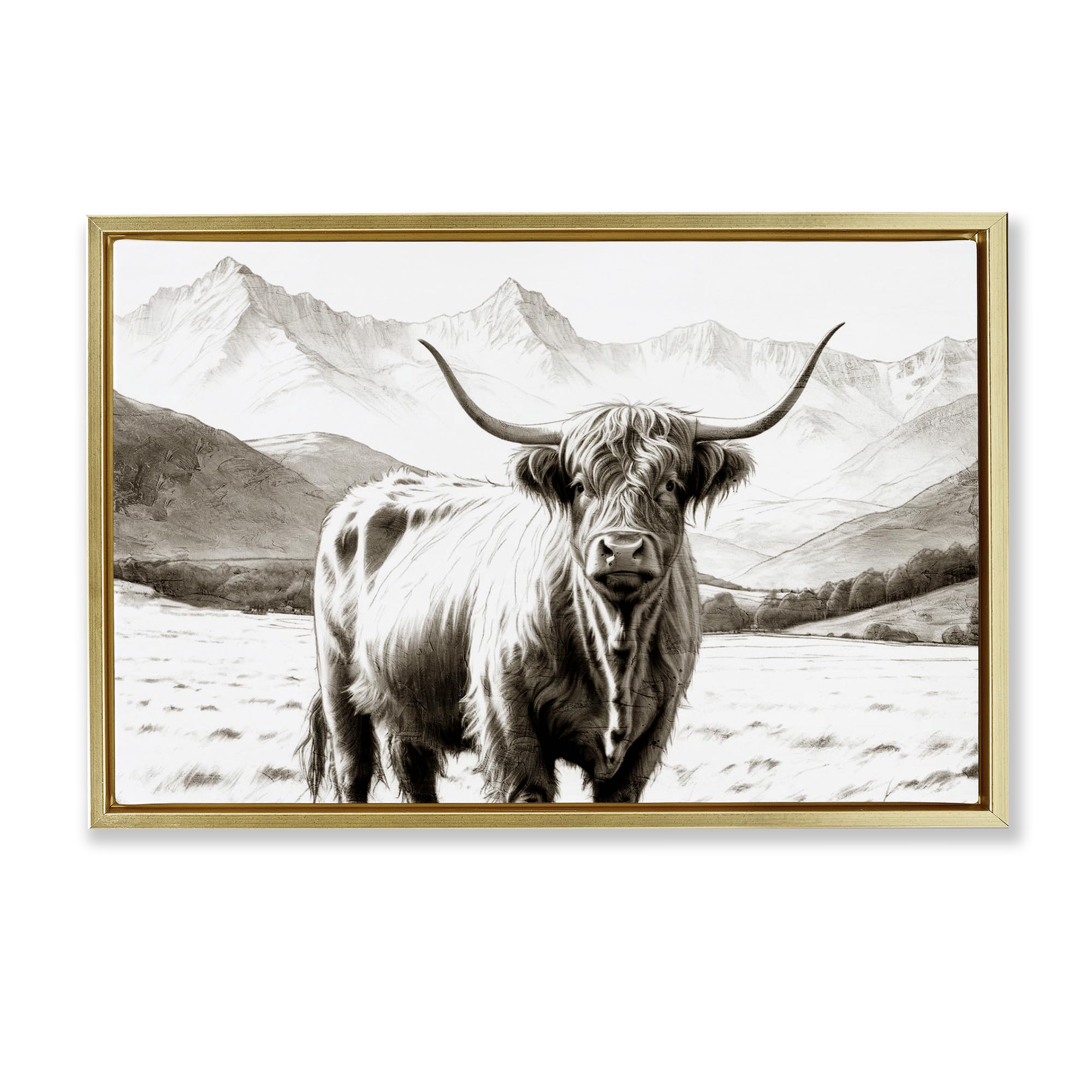 Stupell Industries Metallic Gold (Matte) Highland Sepia Sketch Rustic Cow, 20 X 30 Inch Canvas In Floater Frame