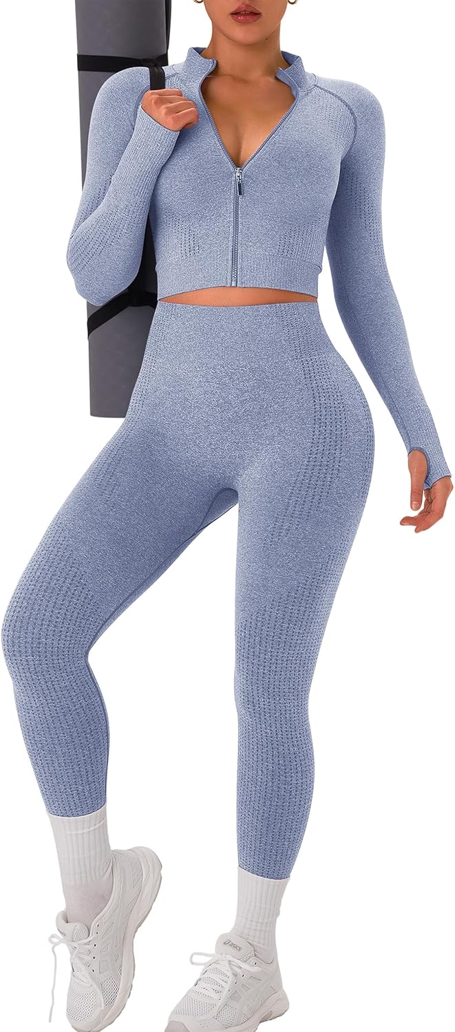 OLCHEE Womens Workout Sets 2 Piece Seamless Yoga Outfits Long Sleeve Zipper Jacket High Waist Leggings Butt Lifting Gym Set