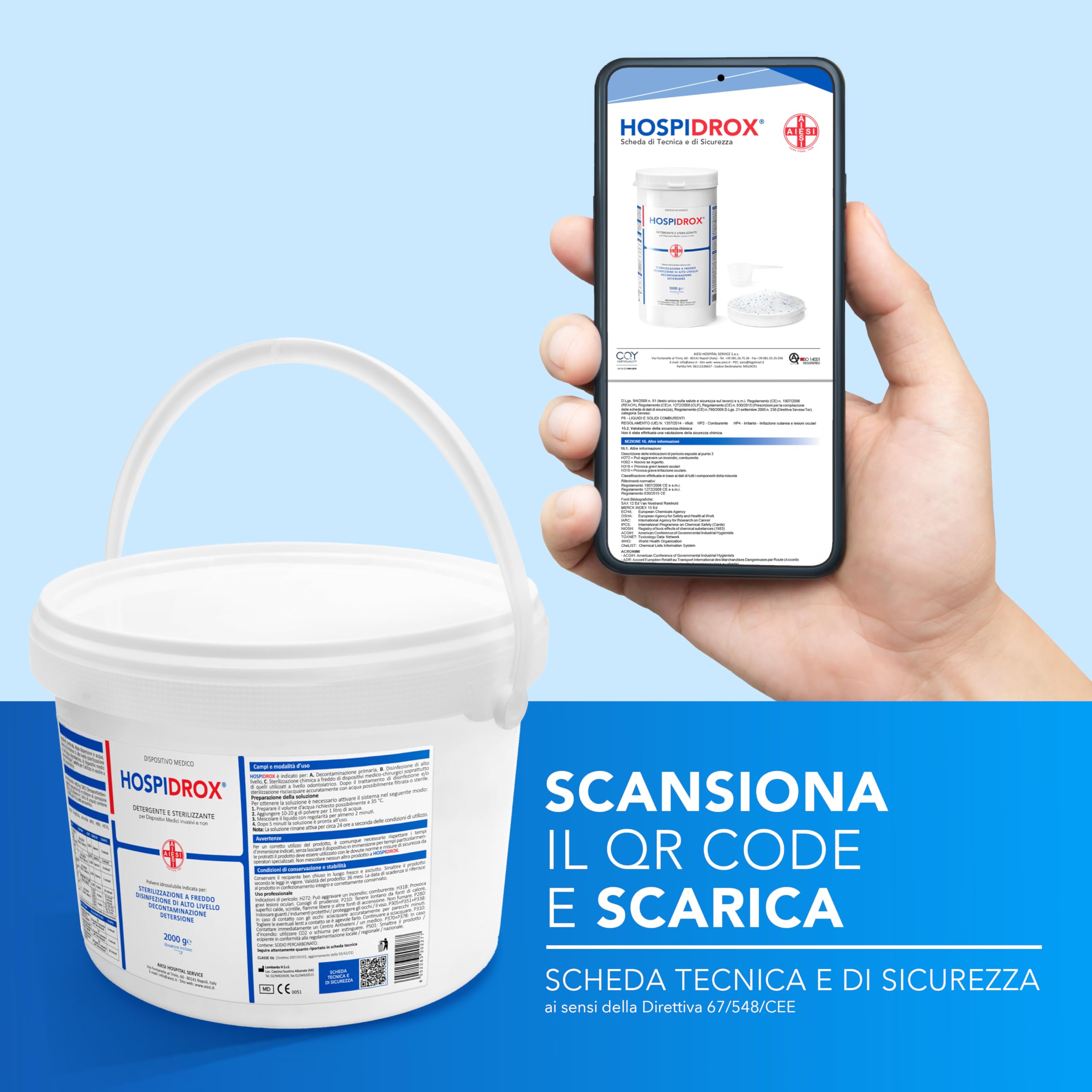 AIESI® Sterilizzante a freddo in polvere (2 kg) per ferri chirurgici, dispositivi medici, strumenti estetica, acido peracetico HOSPIDROX, Detergente, Decontaminante, Tempo di contatto 10 MINUTI