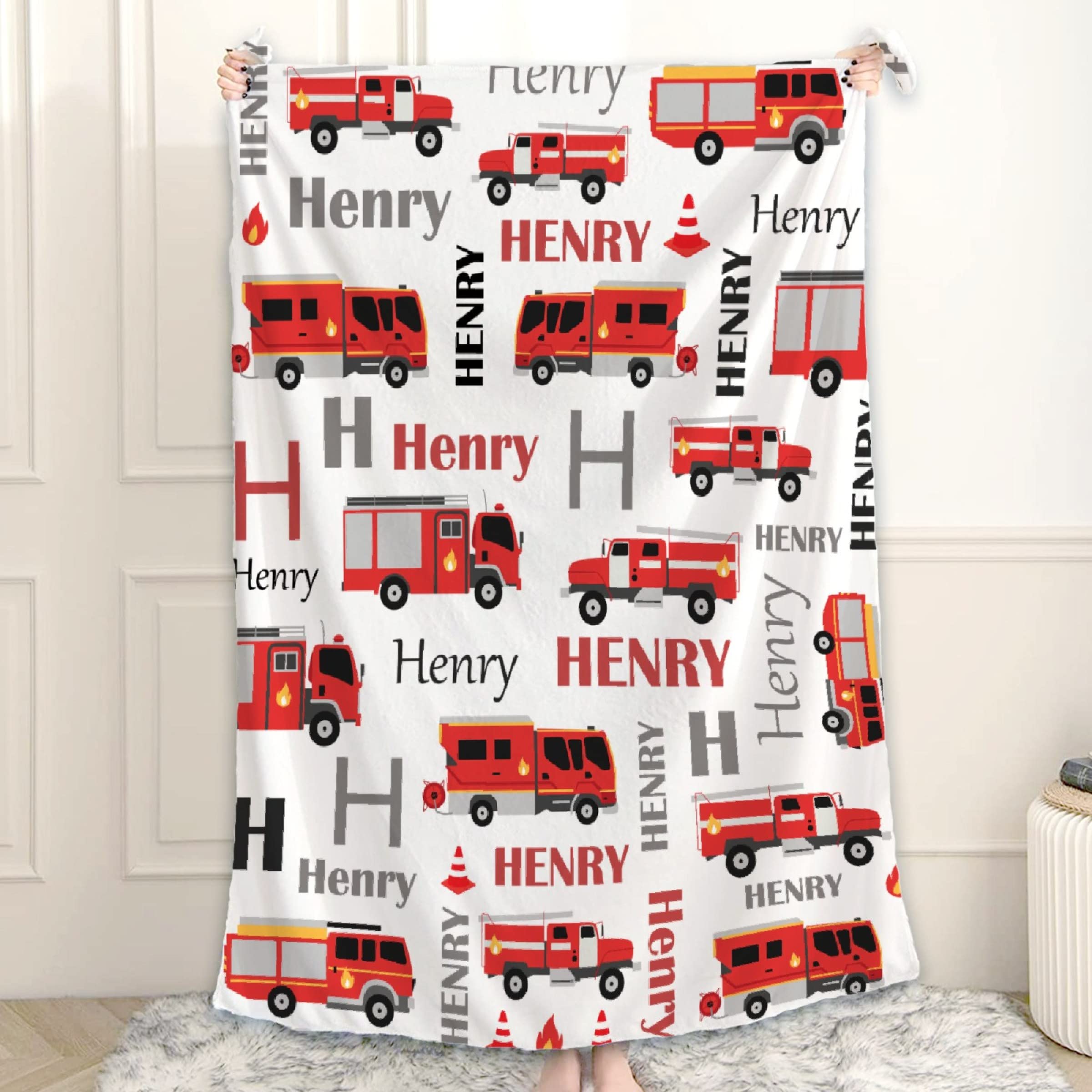 Ottoy Personalized Blanket Custom Fire Trucks Blankets for Boys Girls Kids Super Soft Plush Throw Blankets Decor for Couch Sofa Birthday Gift 80"x60"