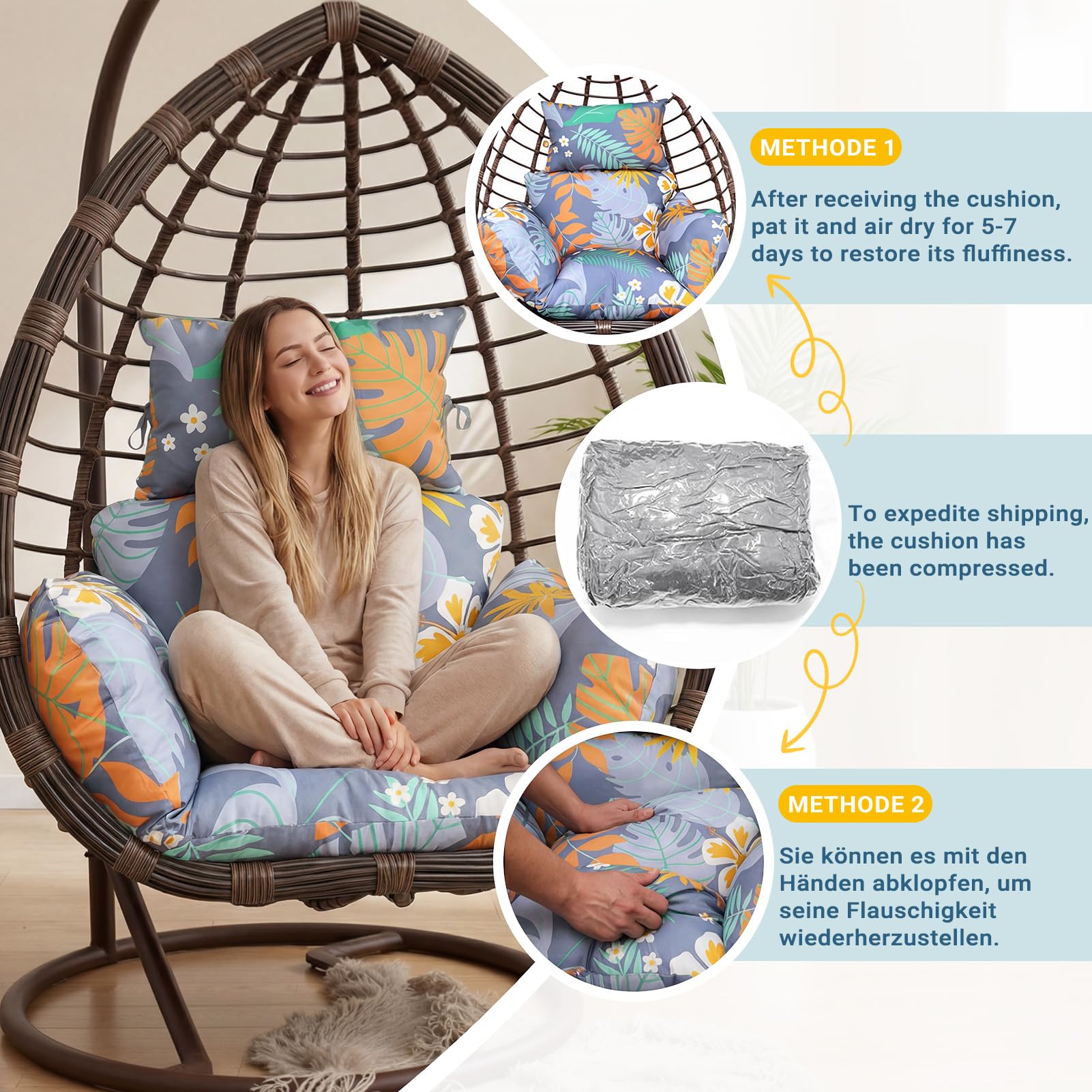 Cojín colgante para sillón mecedora para exterior: moderno, cojín de poliéster, suave, resistente al agua, cojín de repuesto, cojín de jardín, cojín con reposacabezas para sillón colgante de