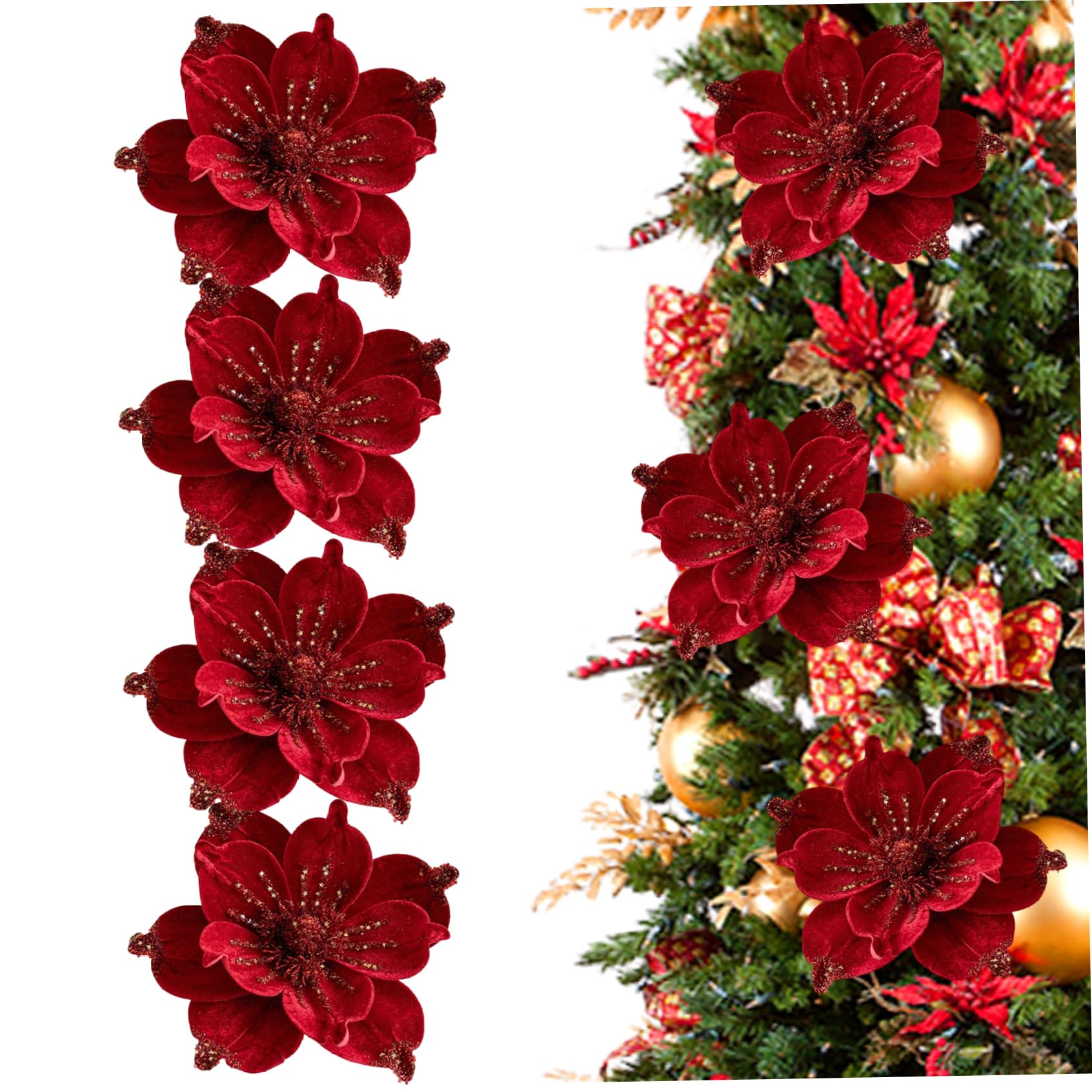 Hbbgdiy 4Pcs Christmas Flowers Artificial Glitter Elegant Velvet Magnolia Artificial Flowers Christmas Tree Decorations Set for Home Wedding Party, Red.