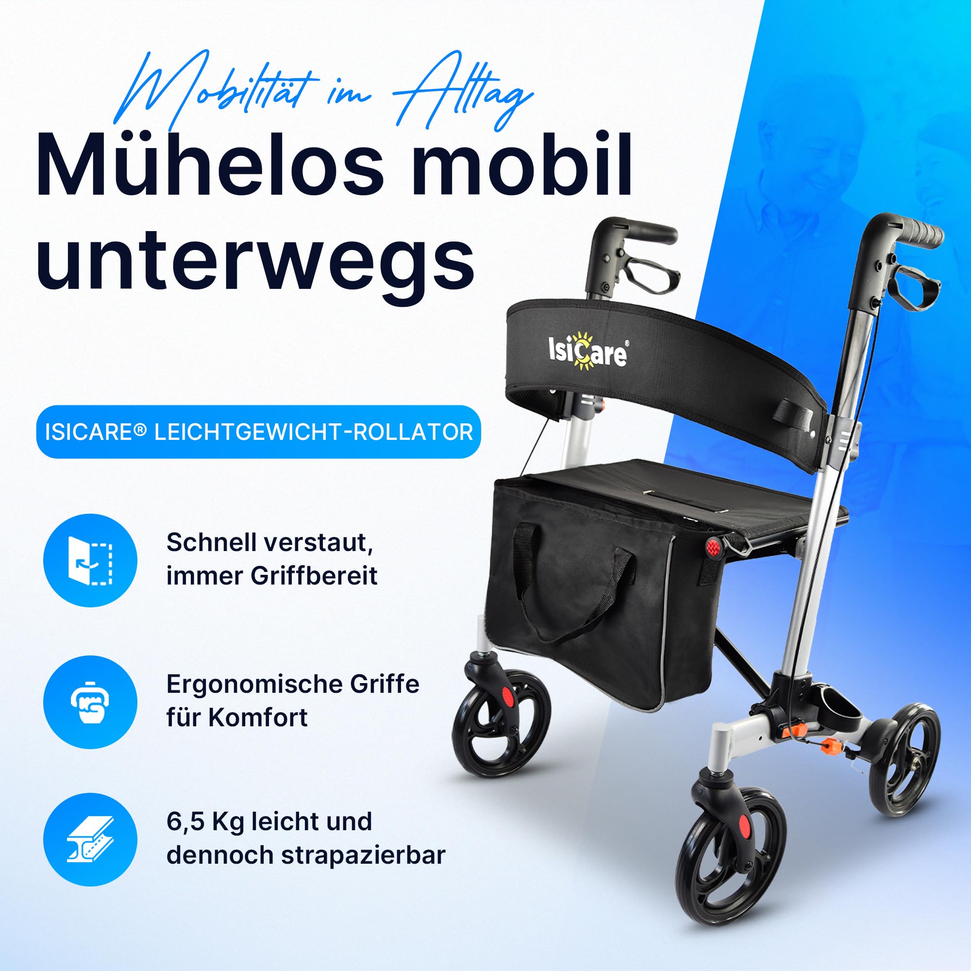 Rollator Premium leicht faltbar Aluminium, nur 6,5 Kg, Gehhilfe mit Rädern Senioren, Leichtgewichtrollator klappbar, Laufhilfe Erwachsene, Gehwagen Innen, Draußen & Kofferraum (Anthrazit)
