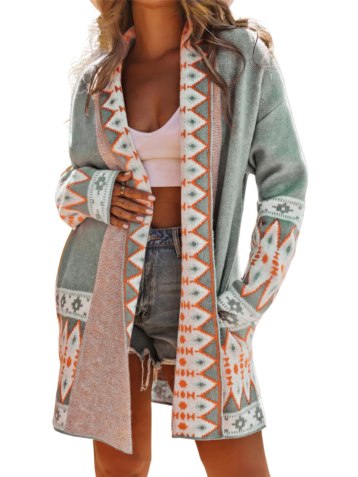 ebossy Womens Fashion Aztec Print Jacquard Knit Open Front Cardigan Lapel Long Sleeve Boho Graphic Long Sweater Coat