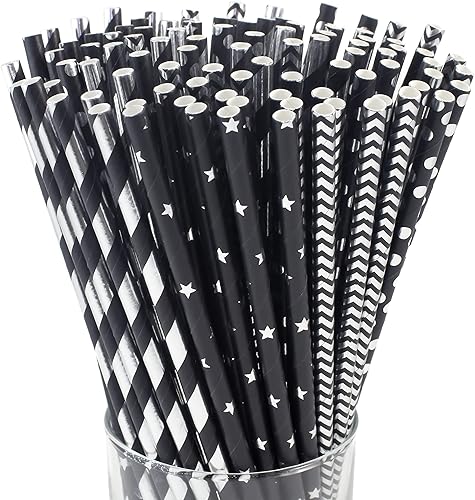 Pajitas de papel negro a granel, 100 popotes metálicos de papel de aluminio, palitos decorativos de manzana de caramelo, pajitas desechables para