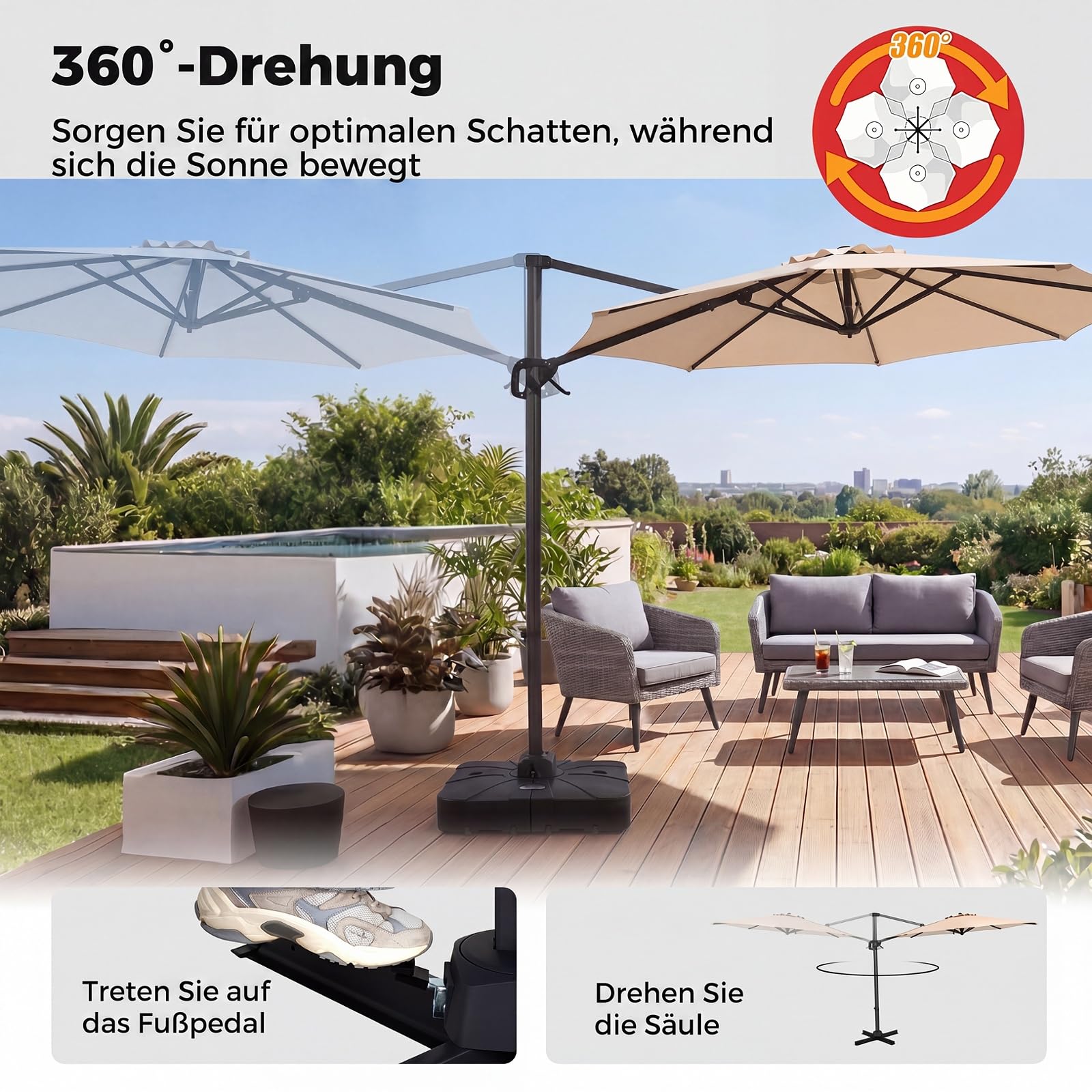 COSTWAY Sonnenschirm Alu 300 x 300 cm, Ampelschirm mit Kurbel, 360° drehbar, Neigungswinkel stufenlos verstellbar, großer Gartenschirm, Terrassenschirm, Marktschirm für Garten, Terrasse (Beige)