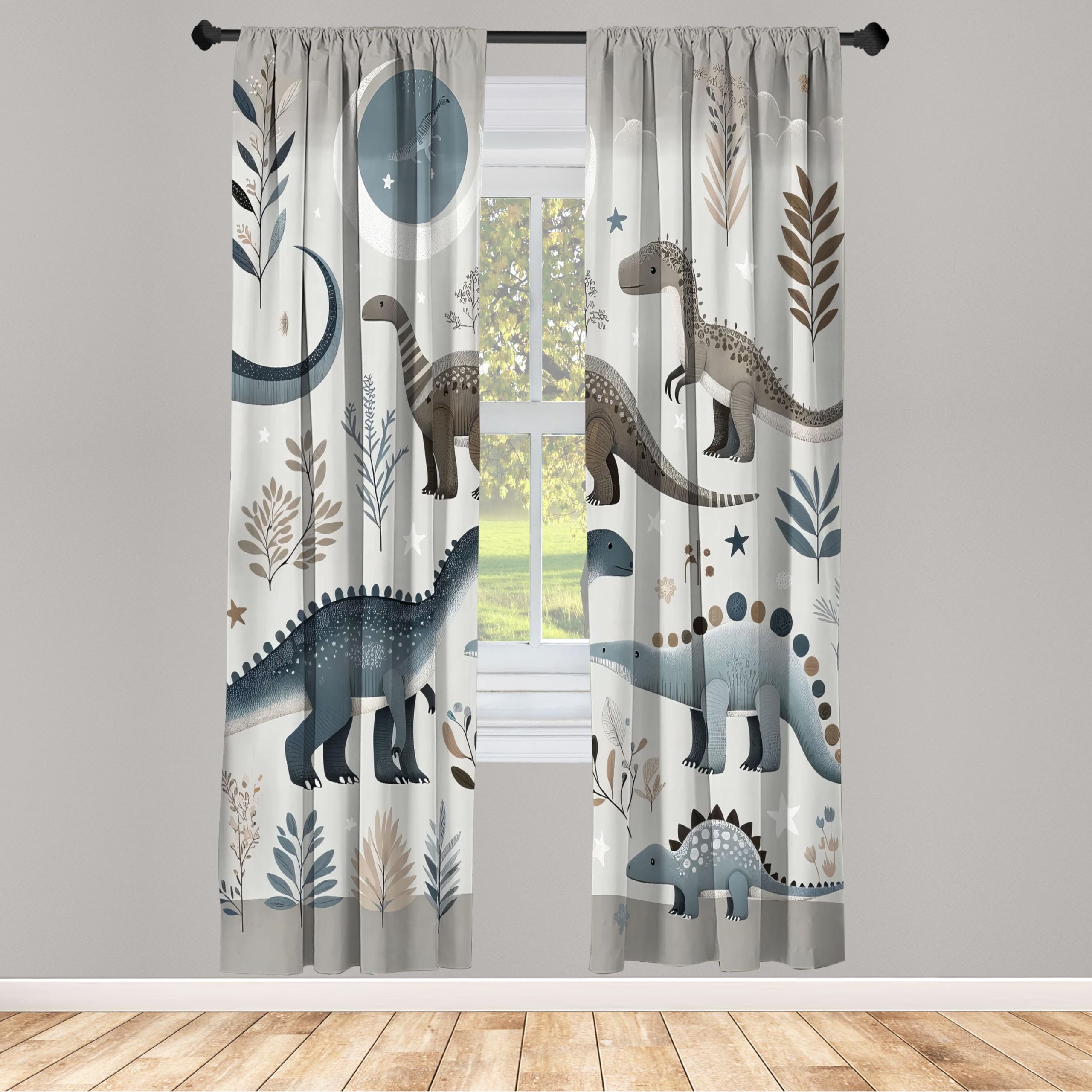 Ambesonne Dinosaur Window Curtains, Funny Nights Art Starry Atmosphere Jurassic Animals Cartoon Design Leafy, Lightweight Decorative 2-Panel Set & Rod Pocket, Pair of - 28