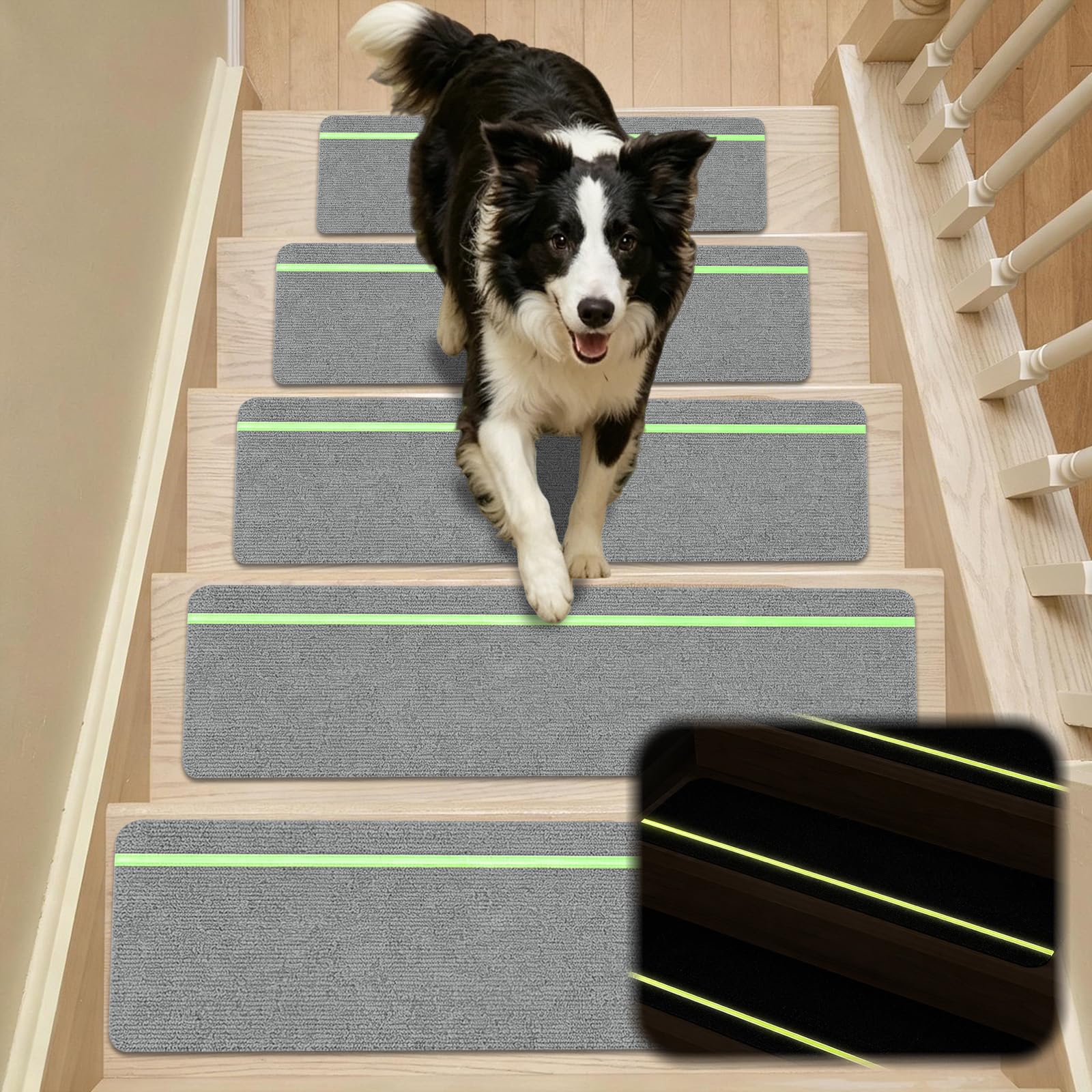 15 Stück Treppenmatten mit Glow in Dark Streifen, 76cm x 20cm Stufenmatten Selbstklebend Innen, Antirutsch Treppenteppich mit TPE Rückseite, Treppenmatten Selbstklebend für Kinder,Senioren & Haustiere