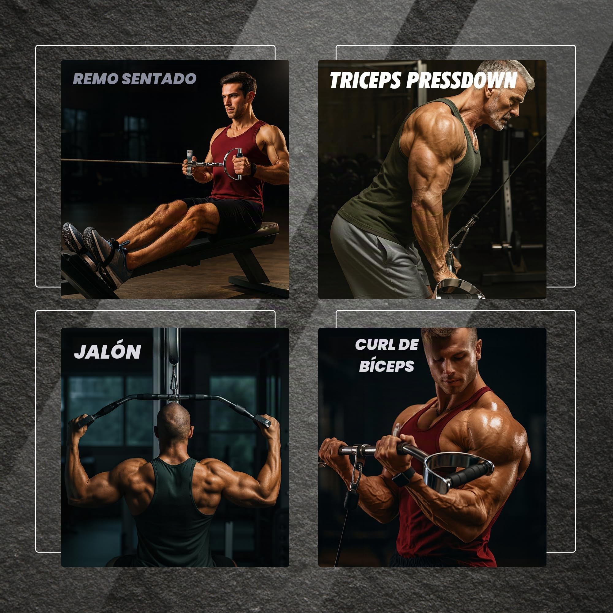 Agarres Poleas Gym de Acero – para Máquinas de Cable: Barra 70 cm, Barra Recta 50 cm, V-Bar, D Giratoria, Doble D – Antideslizante, Rotación 360° – Hogar y Estudio, Bíceps Tríceps Hombros
