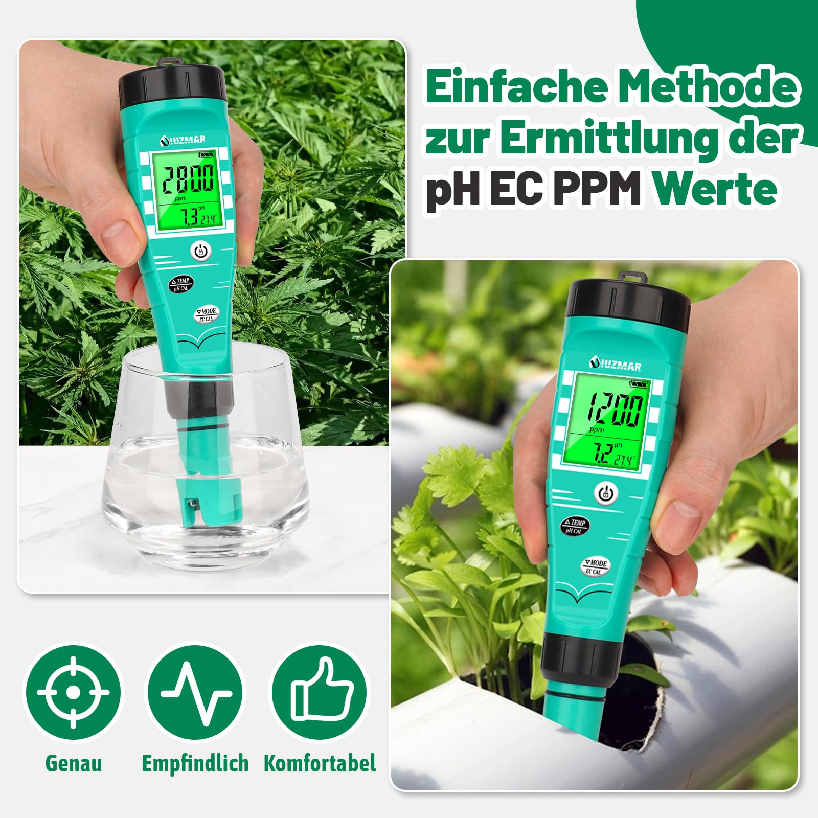 UIUZMAR pH Wert Messgerät Hydroponik, pH EC Messgerät Grow, PPM pH Messer für Wasser Hydroponik, Gleichzeitige Messung von pH EC TDS Temperatur für DWC, Aeroponic, Aquarium, Fischteich