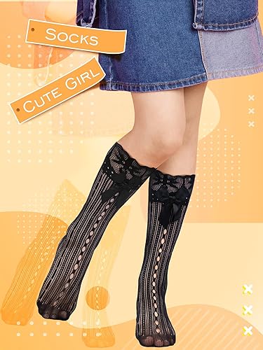 4 Pairs Little Girl Knee High Socks Kids Lace Long Socks with Bow Ruffle for The First Communion 5-12 Years Old(Black)