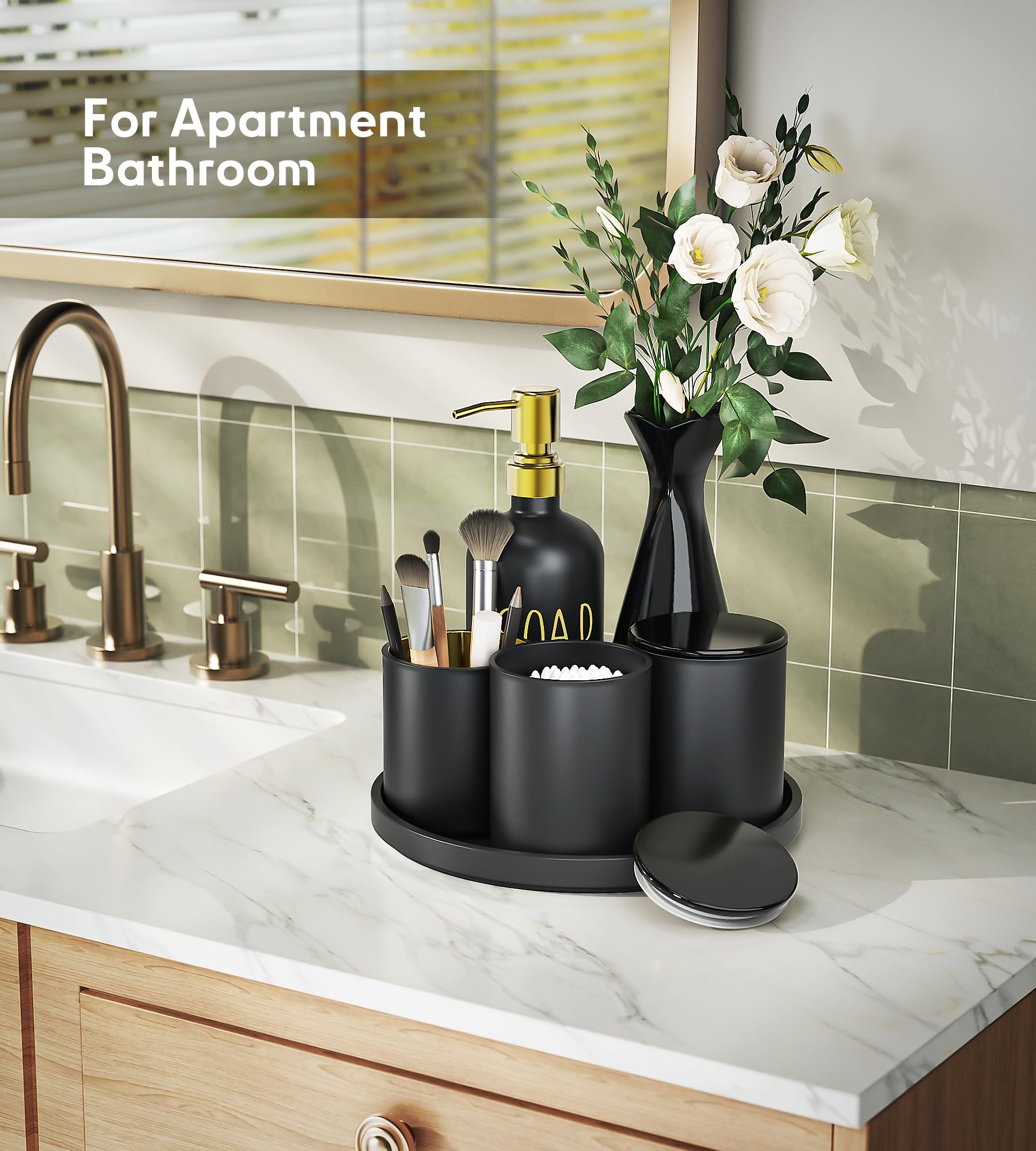 Juego de accesorios de baño negros con bandeja, 6 juegos de accesorios de baño negro mate, dispensador de jabón de vidrio y soporte para cepillo de dientes, soporte Qtip, jarrón de flores de cerámica