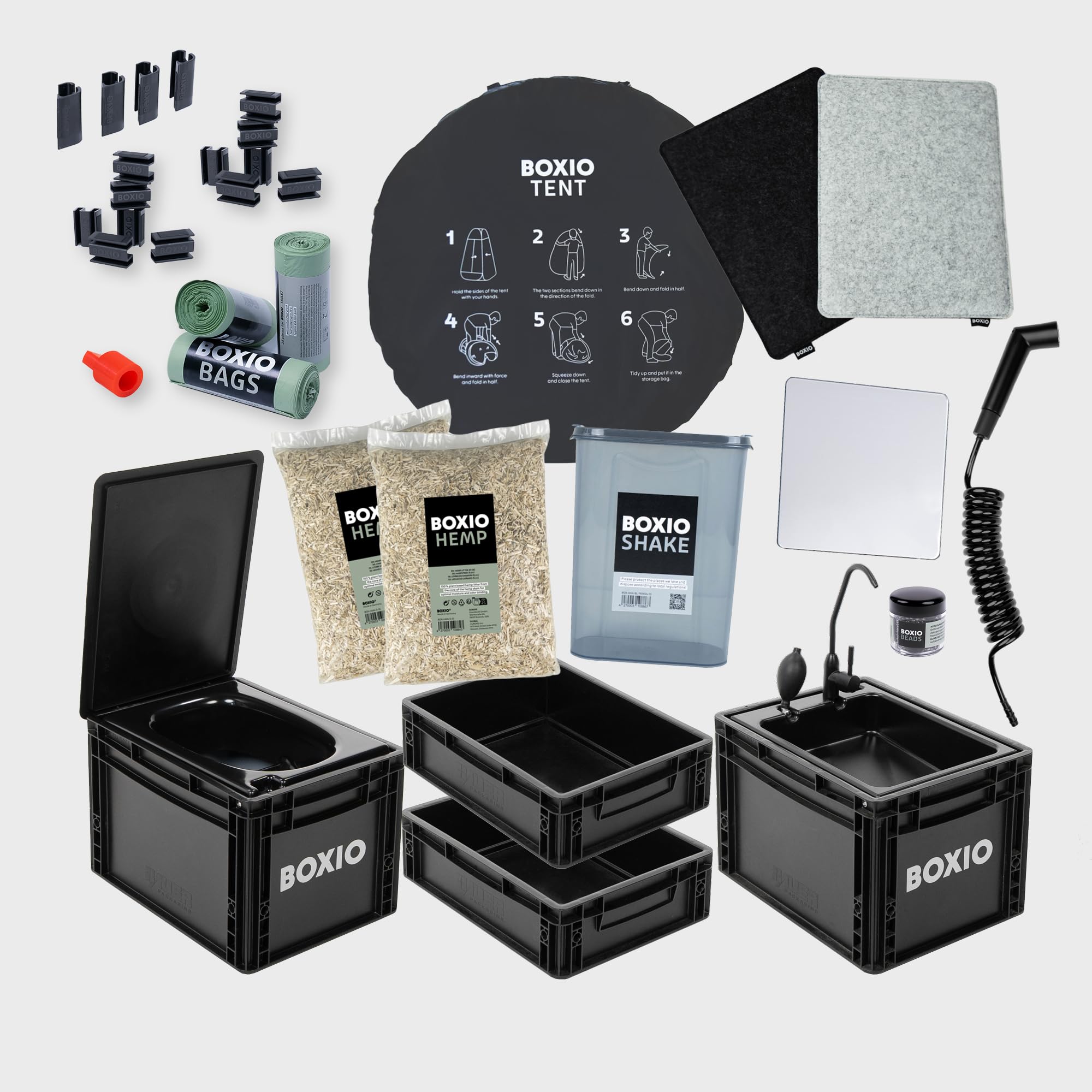 BOXIO - Edición Sanitaria: solución Todo en uno para el baño de Camping móvil, Lavabo de Camping, Ducha de Ducha, Tienda de Ducha y Accesorios de Acampada