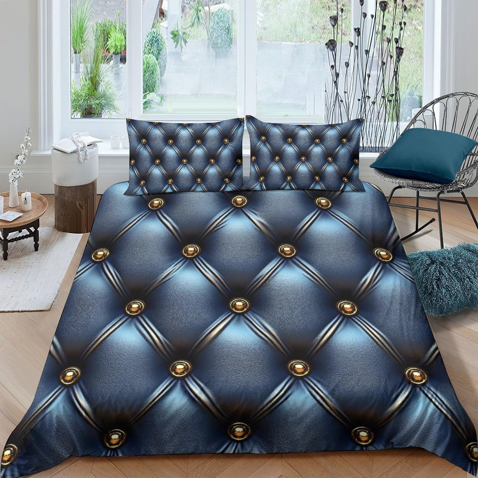 Ctjqhvkz Style-7 3D Printed Luxury Blue Tufted Fitted Sheet Microfiber Soft Bedroom Decor, Elegant Button Pattern Mattress Cover Single（135X200cm）
