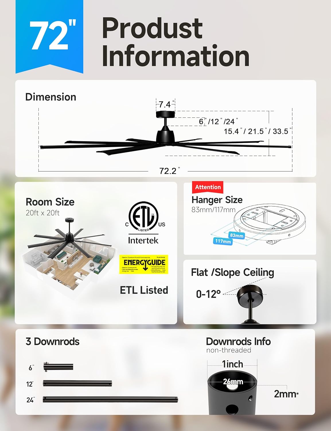 72 Inch Black Ceiling Fan Without Light with 8 Aluminum Blades,Industrial Ceilin fan with Remote,6 Speed,Quiet DC Motor,Large Outdoor Indoor Ceiling Fan for Patio,Garage,Living Room