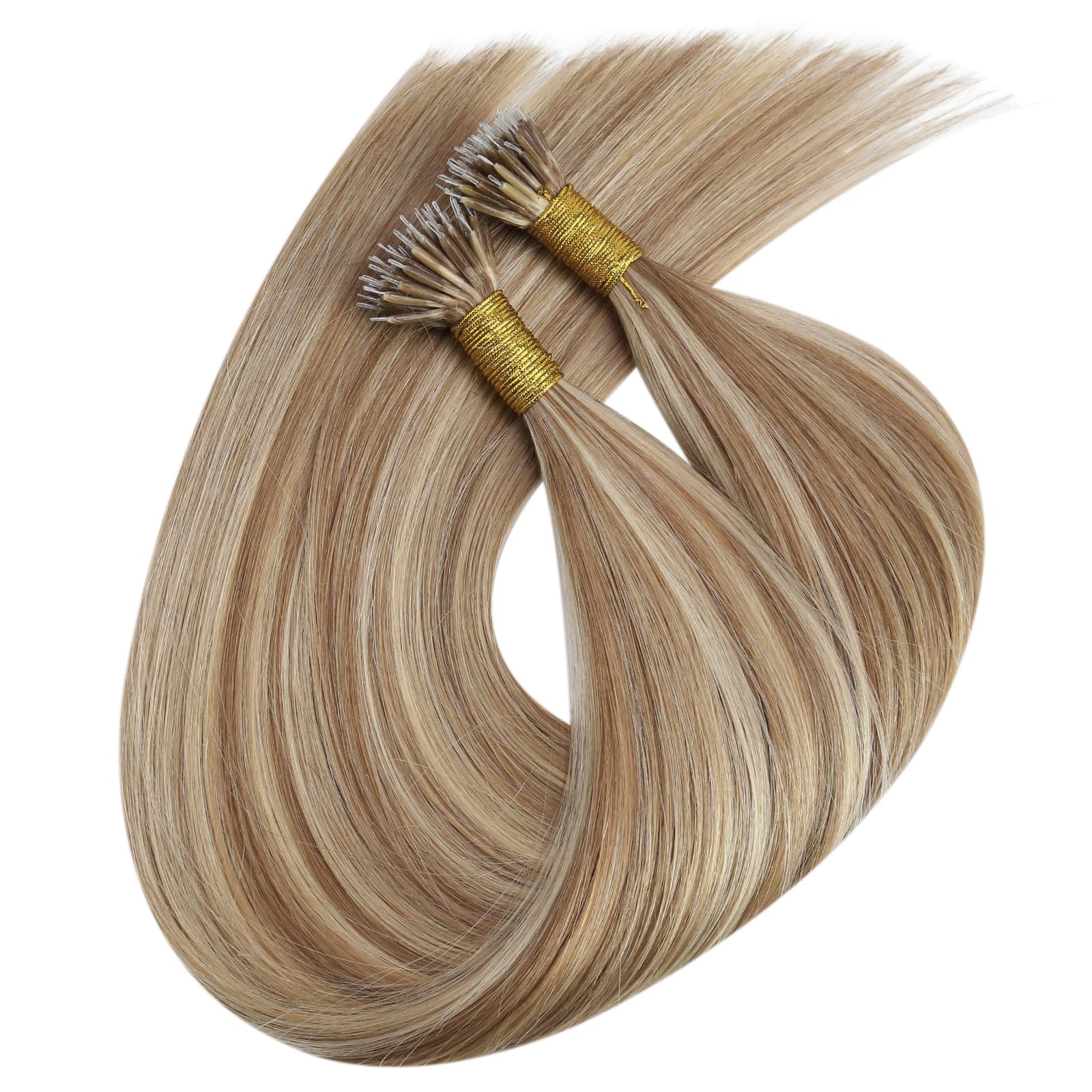 Ugeat Extensions Echthaar Nanoring Goldbraun Highlights 55 cm Extensions Echthaar Nano Highlights Blond Nano Bondings Platinblond 50g 50Strähnen P10/613