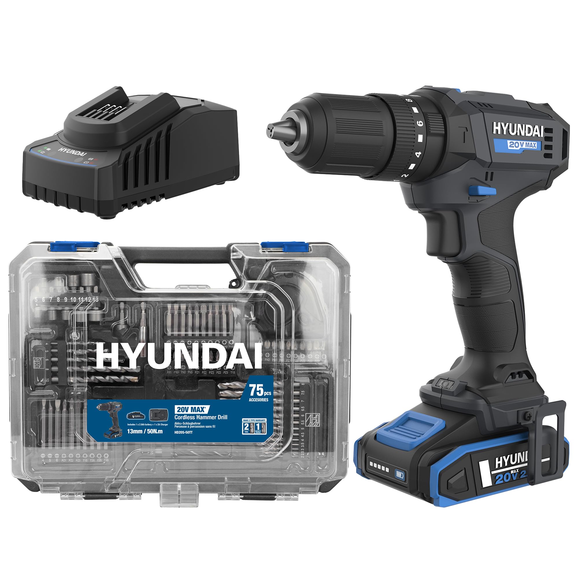 Hyundai 20V Cordless Hammer Drill 50Nm with Battery, Charger & 75pc Accessory Kit – 2 Speed, 13mm Chuck, LED Light, Carry Case