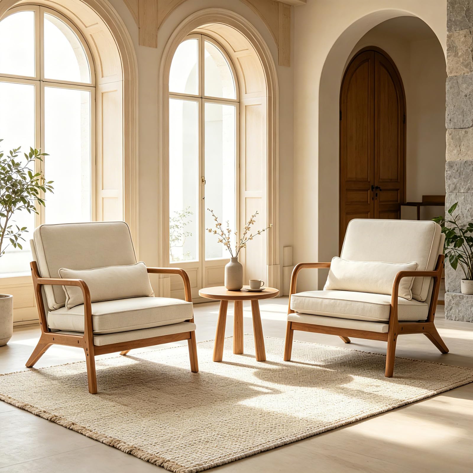 Beige Linen Mid-Century Reading Chairs Pair