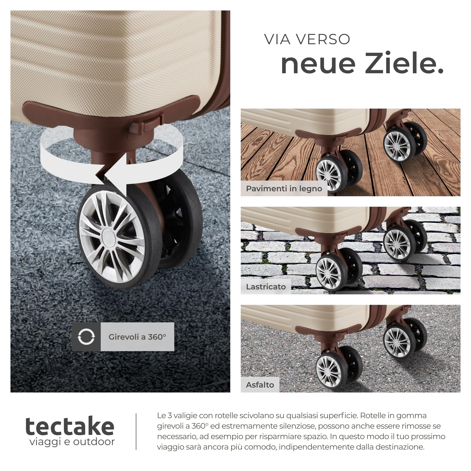 tectake® Set Valigie Da Viaggio, 13 Pezzi, Valigie Impilabili in ABS, Finiture in Similpelle, Rotelle Girevoli a 360°, Lucchetto TSA, Manico Telescopico Regolabile, Interno Separabile – Crema