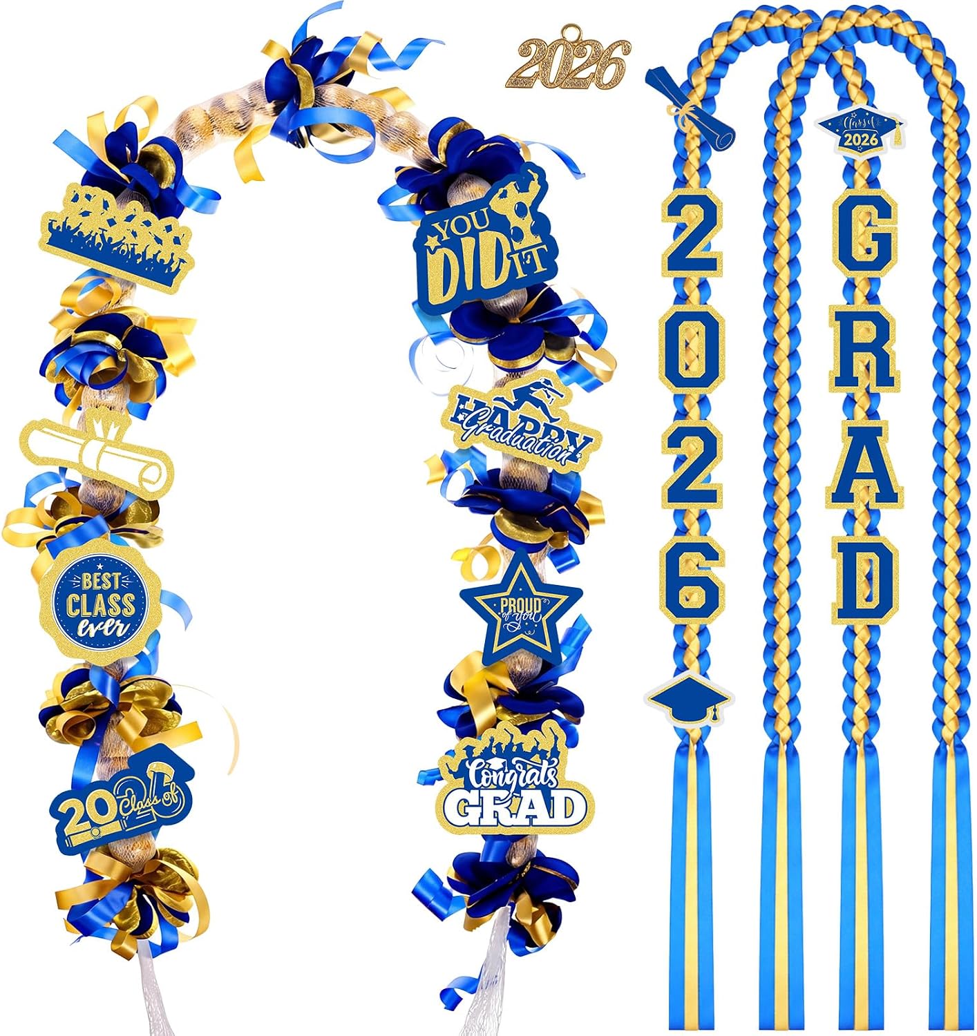 RoundFunny Blue Gold 99 Pcs Graduation Leis 2026 Candy Ribbon Leis Kit Class of 2026 Congrats Candy Necklace DIY Craft Accessories Graduation Gift for Party Supplies High School College