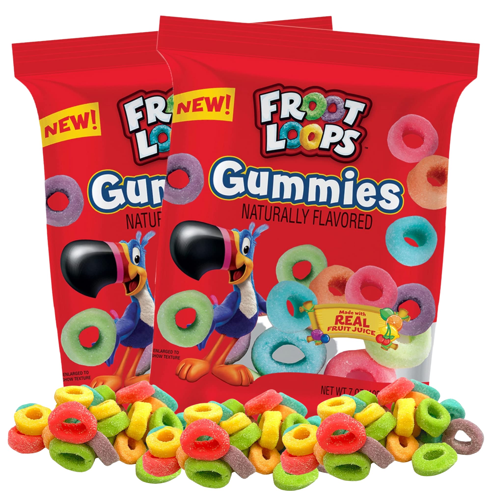 Froot Loops Gummies, Assorted Real Fruit Juice Flavored Gummy Candy Bags, Nostalgia Favorite Cereal Flavored Candies, 7 Ounces Each, Pack of 2