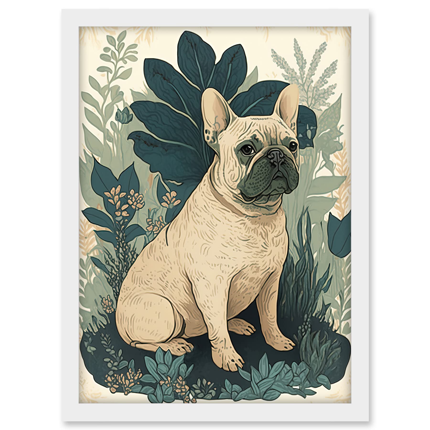 Artery8 French Bulldog and Tropical Plants Modern Pastel Colour Boho Illustration Artwork Framed A3 Wall Art Print