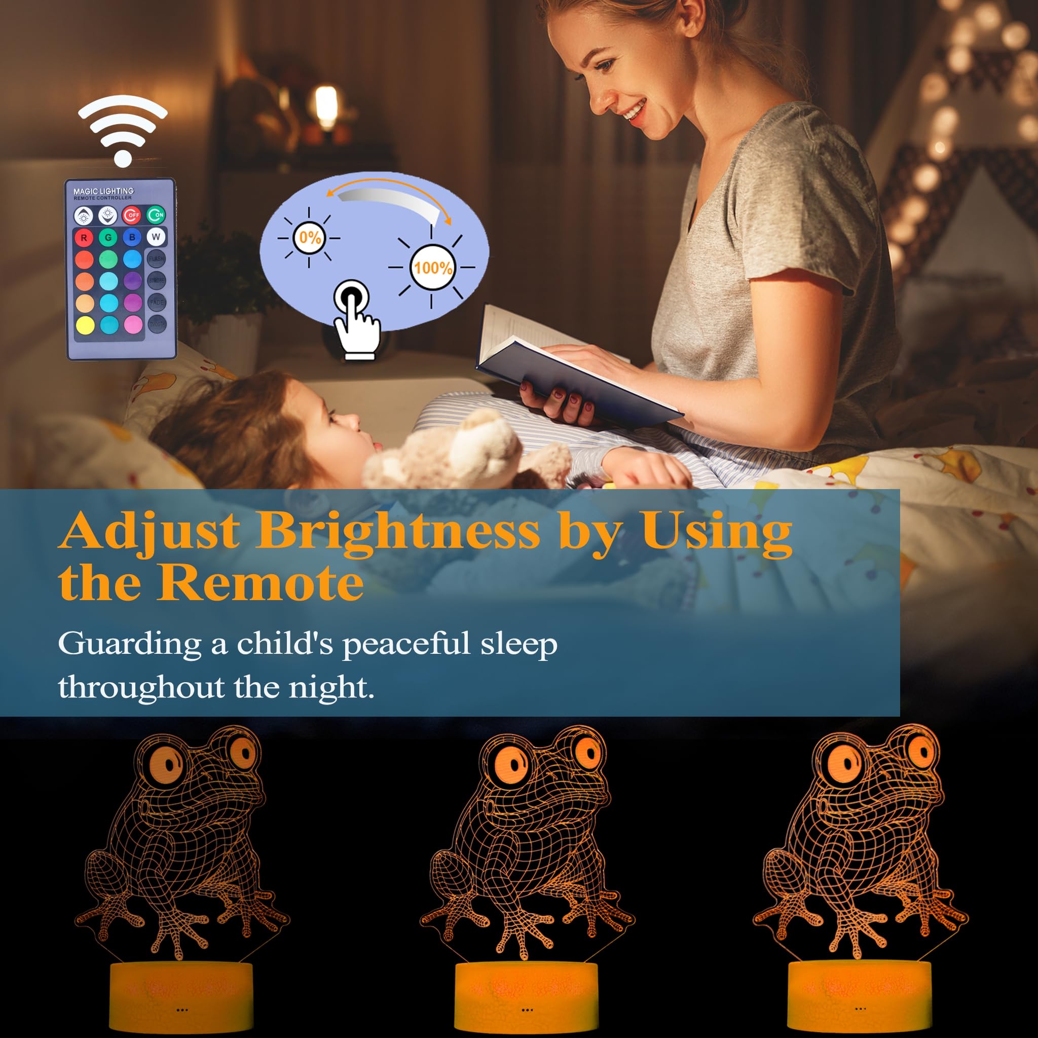 POSSHE Cute Frog Night Light Frog Gifts 3D Illusion Lamp RGB Color Changing Remote Control Timer Dimmable Nursery Decoration Baby Light Room Decor Kids Gifts - Image 3
