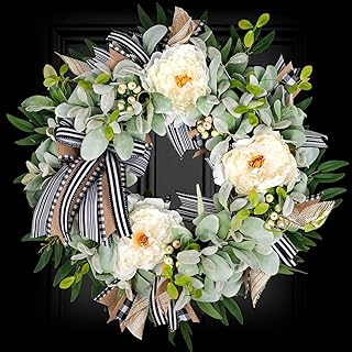 Lambs Ear Wreaths for Front Door Year Round Outside, 20'' Artificial Spring Summer Wreath