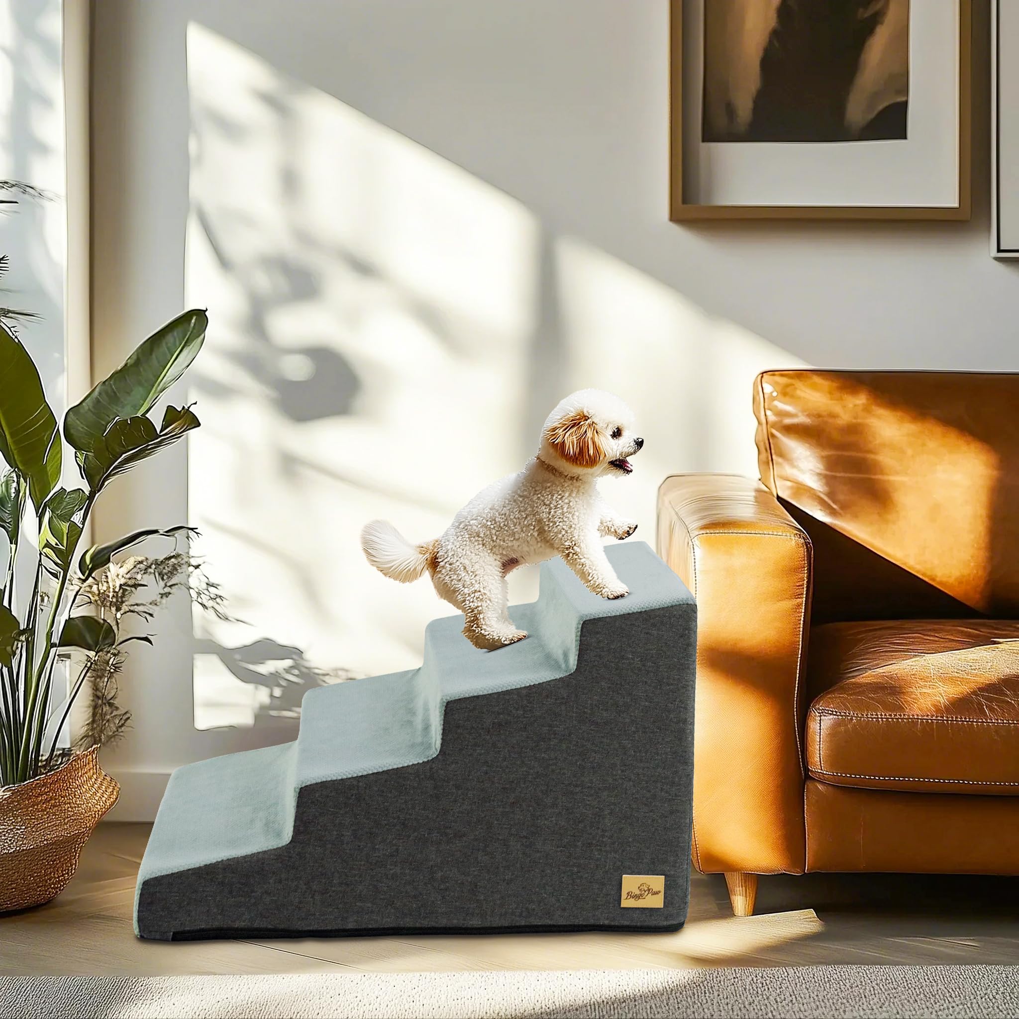 BingoPaw Hundetreppe 4 Stufen 50cm hoch, Haustiertreppe für Bett und Sofa aus Hochdichtem Schwamm, Tragbar Hunderampe mit Abnehmbarem, Waschbarem Bezug und Rutschfestem Boden, 39x76x50cm