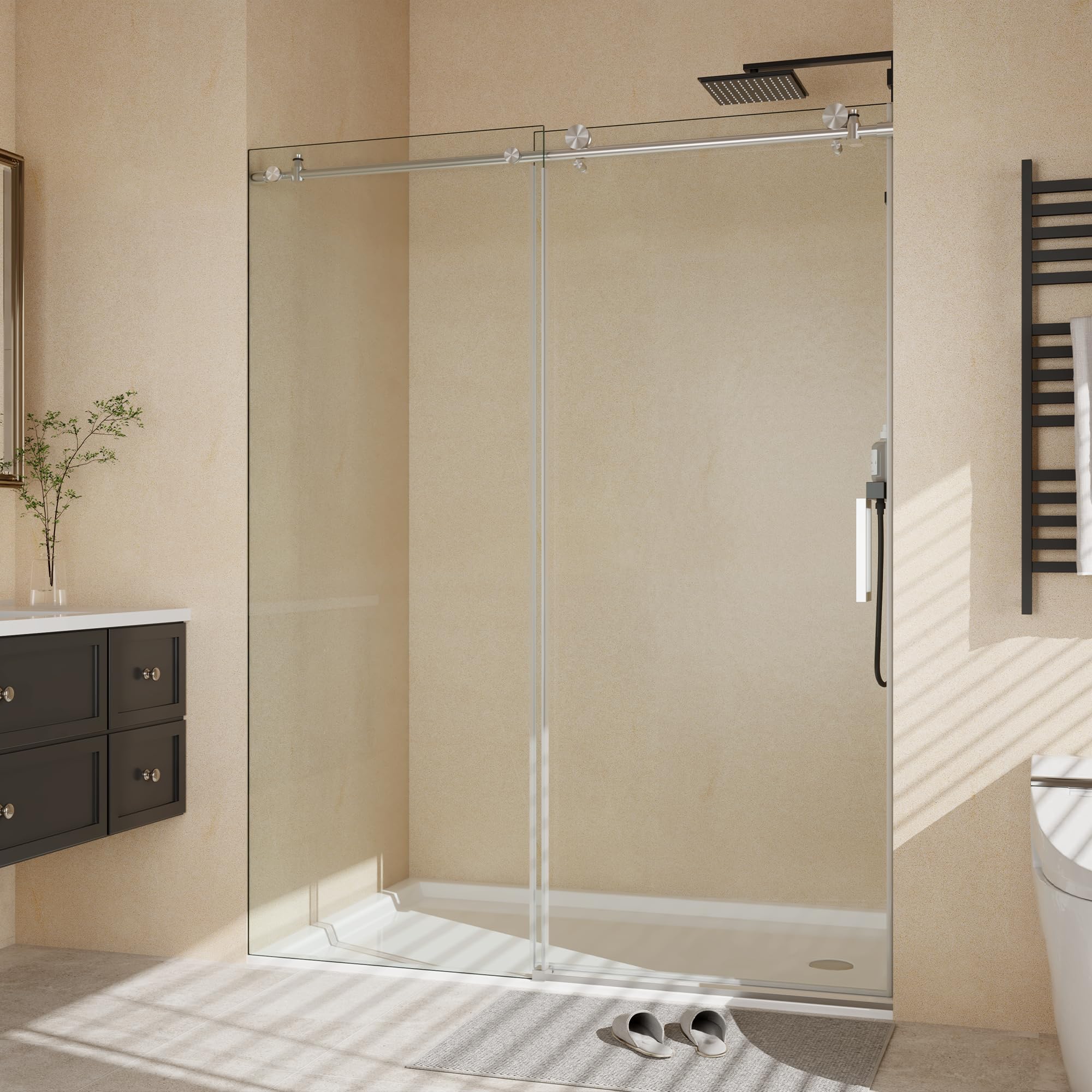 Frameless Sliding Shower Door,56-60 in w x 76 in h Waterproof Glass Shower Door,1/4 in Thick Tempered Clear Glass with Explosion-Proof Film,Handle and Seal Strip, Brushed Nickel