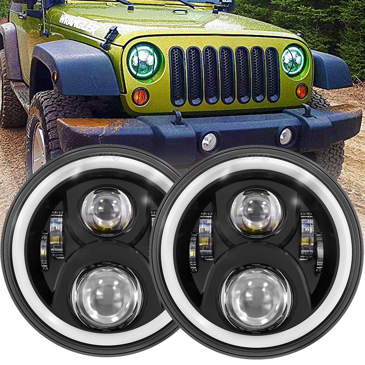 7 Inches LED Halo Headlights Assembly H6024 Headlamps Replacement Compatible with 2007-2017 Jeep Wrangler JK JKU with High low beam Halo DRL Round Headlamps -1 Pair Black