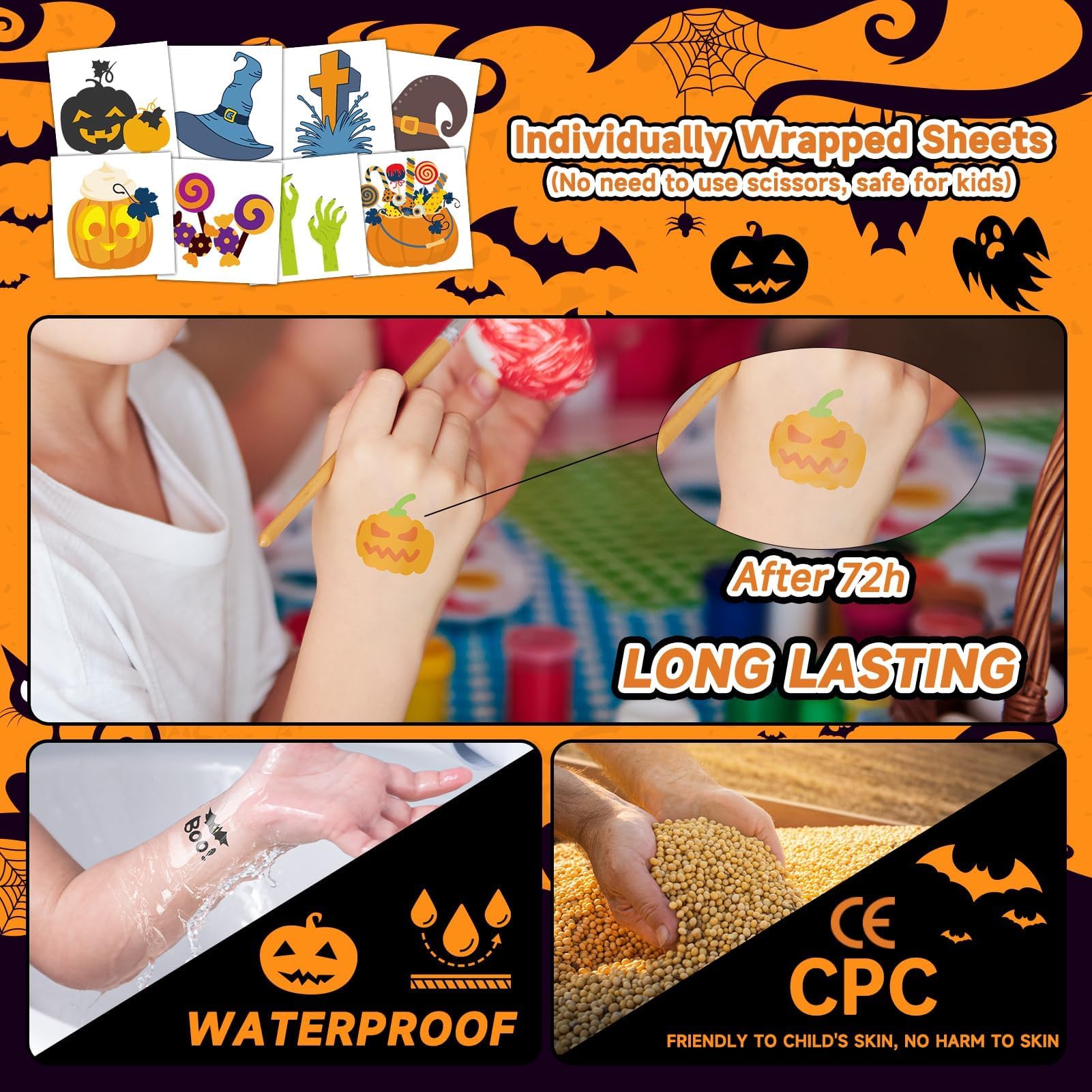 408 Hojas de Tatuajes Temporales de Halloween para Niños, Tatuajes Individuales para Fiesta de Halloween, Pegatinas de Tatuajes de Calabazas y Fantasmas para Niños y Niñas